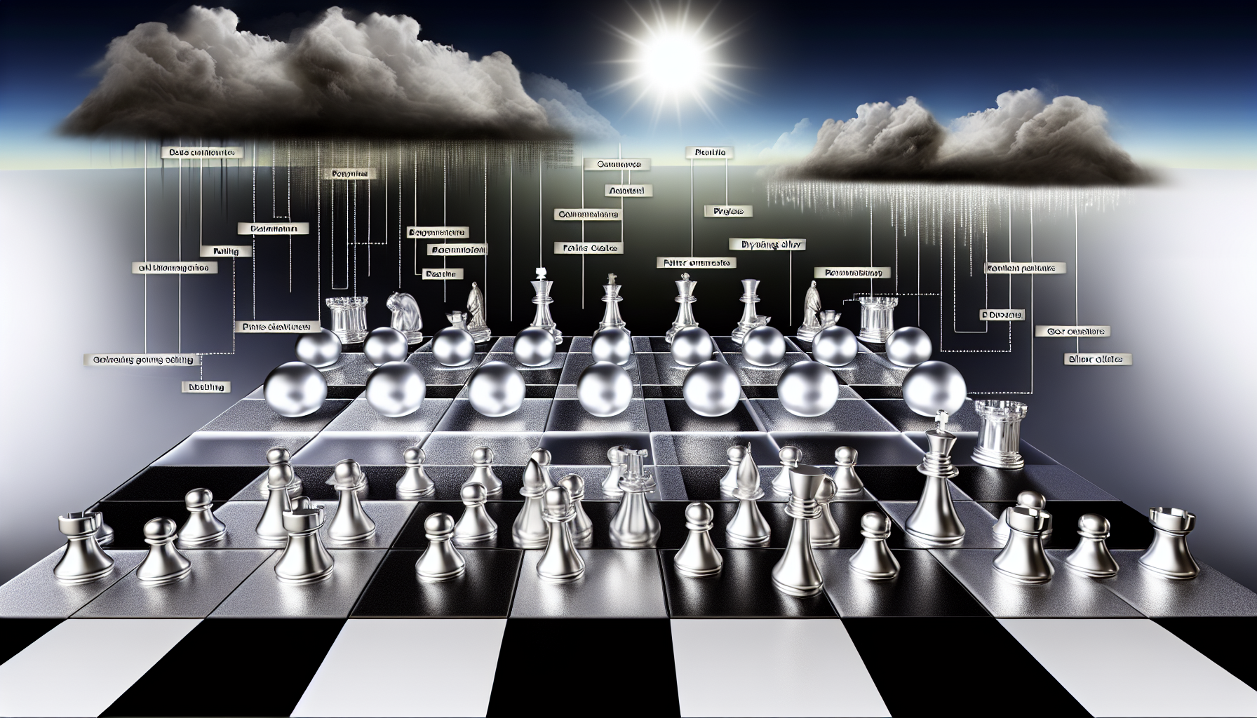Eine komplexe Visualisierung einer Strategie zum Kauf von Silber. Stell dir ein gro&Atilde;Ÿes Schachbrett vor, jedes Feld steht f&Atilde;&frac14;r einen anderen Aspekt des Silbermarkts: Produktion, Nachfrage, Preisschwankungen und geopolitische Faktoren. Schachfiguren aus reinem Silber reflektieren das Licht und symbolisieren verschiedene Strategien wie den Kauf von physischem Silber, Terminkontrakte oder Aktien von Silberminen. Dunkle Sturmwolken ziehen &Atilde;&frac14;ber dem Brett auf und stehen f&Atilde;&frac14;r Marktunsicherheiten und Risiken, w&Atilde;&curren;hrend eine helle, strahlende Sonne am Horizont f&Atilde;&frac14;r potenzielle Gewinne und Erfolg in diesem Unterfangen steht.