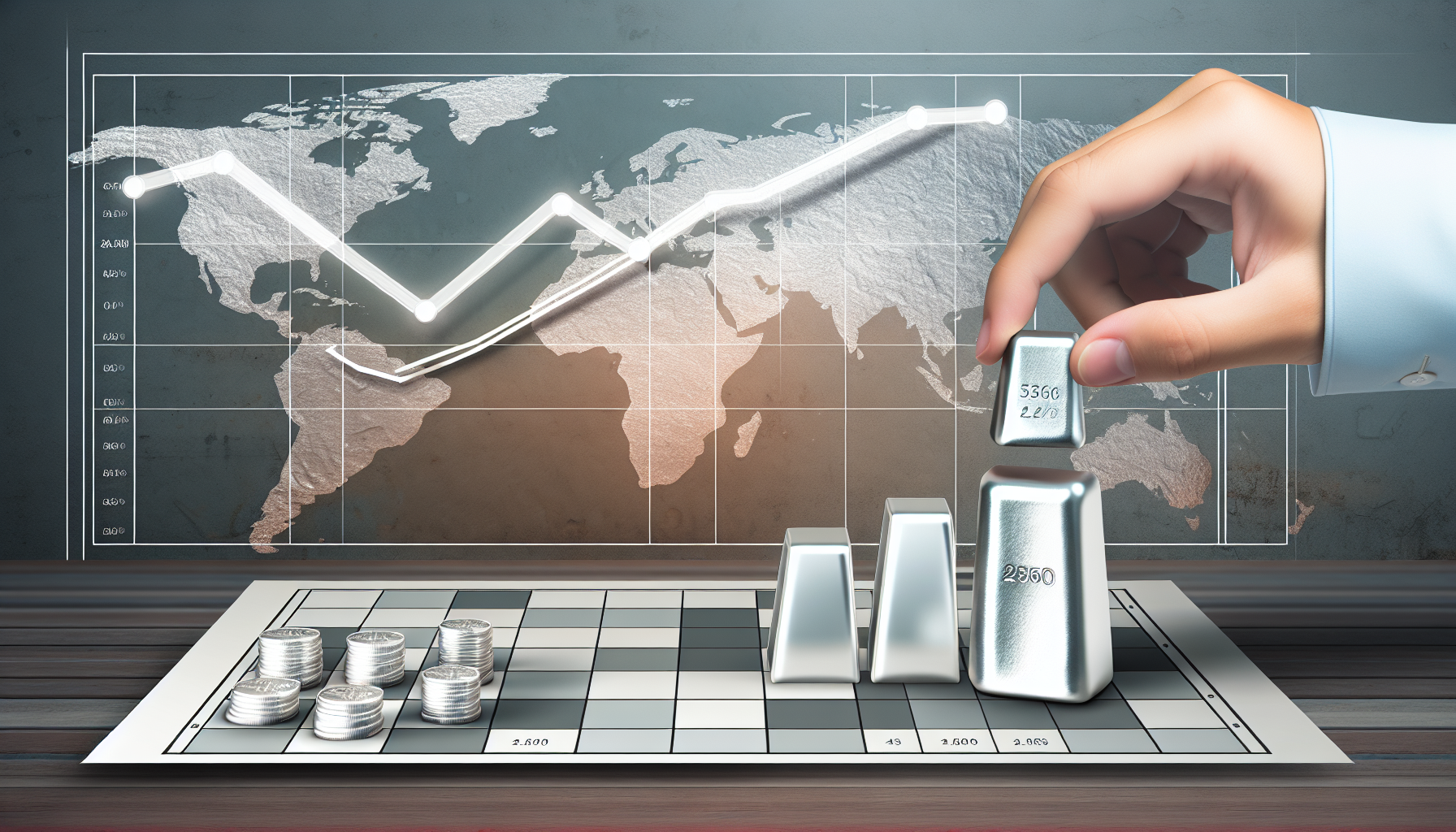 Eine Visualisierung des strategischen Investments in Silber. Im Vordergrund ist ein Paar H&Atilde;&curren;nde zu sehen, das ein Silberst&Atilde;&frac14;ck auf ein Brett legt, das einem Schachbrett &Atilde;&curren;hnelt. Die Schachfiguren k&Atilde;&para;nnen durch Silberbarren und M&Atilde;&frac14;nzen ersetzt werden. Neben dem Brett befindet sich ein nach oben schwankendes Diagramm, das den steigenden Marktwert von Silber anzeigt. Im Hintergrund ist teilweise eine detaillierte Weltkarte zu sehen, die an einer Wand angebracht ist und auf der Handelsrouten als gepunktete Linien markiert sind.