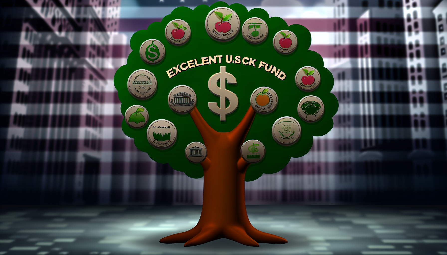 Ein ausgezeichneter US-Aktienfonds, dargestellt als ein robuster Baum mit einem Stamm in Form eines Dollarzeichens. Die Blätter sind als verschiedene Unternehmenslogos stilisiert und die Früchte haben die Form von Münzen. Der Hintergrund könnte die Gebäude der Wall Street in schattierter Ferne zeigen.