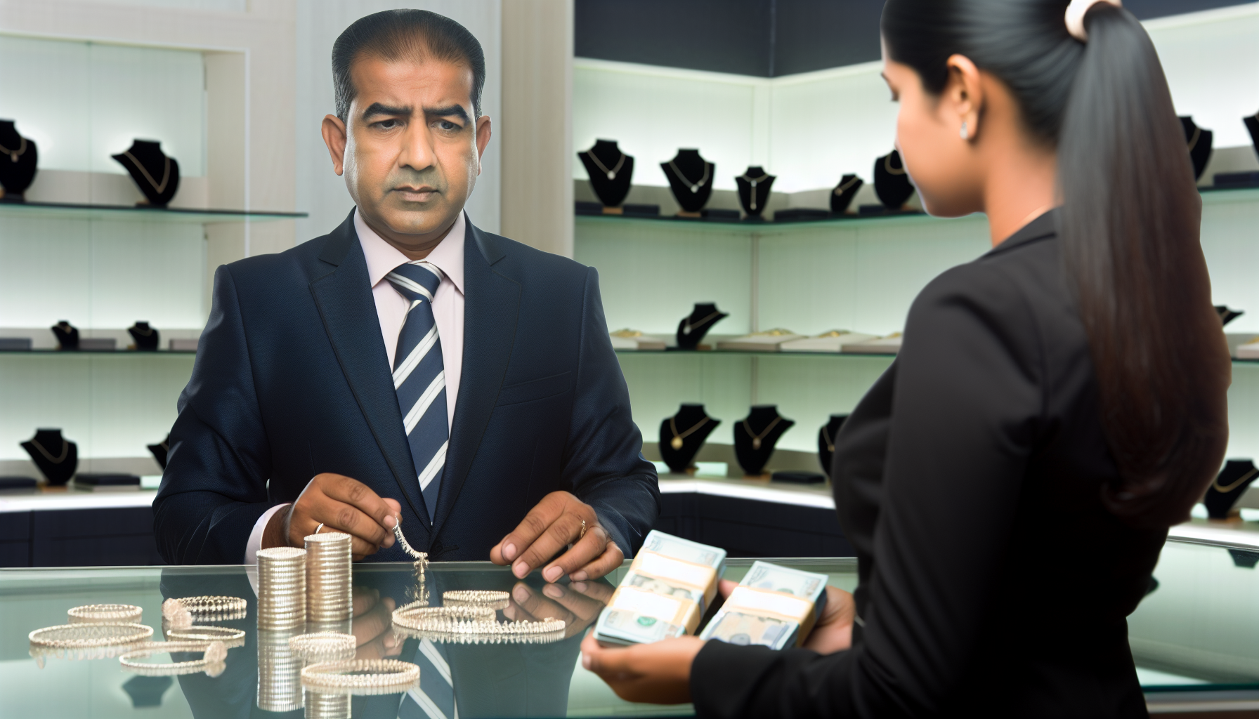 Stellen Sie sich ein Bild vor: Eine Person, die strategisch Silber kauft. Die Szene spielt sich in einem hochwertigen Juweliergesch&Atilde;&curren;ft ab. Die Person, ein entschlossener s&Atilde;&frac14;dasiatischer Mann in seinen Vierzigern, gekleidet in einem eleganten Gesch&Atilde;&curren;ftsanzug, betrachtet konzentriert eine Reihe exquisiter Silberst&Atilde;&frac14;cke, die auf dem Tresen ausgebreitet sind. Gestapelte, ordentlich gefaltete Banknoten liegen neben ihm, w&Atilde;&curren;hrend er den Wert der St&Atilde;&frac14;cke sorgf&Atilde;&curren;ltig abw&Atilde;&curren;gt, unterst&Atilde;&frac14;tzt von einem aufmerksamen Verkaufsassistenten. Dieses Bild steht f&Atilde;&frac14;r die strategische Anschaffung von Silber.