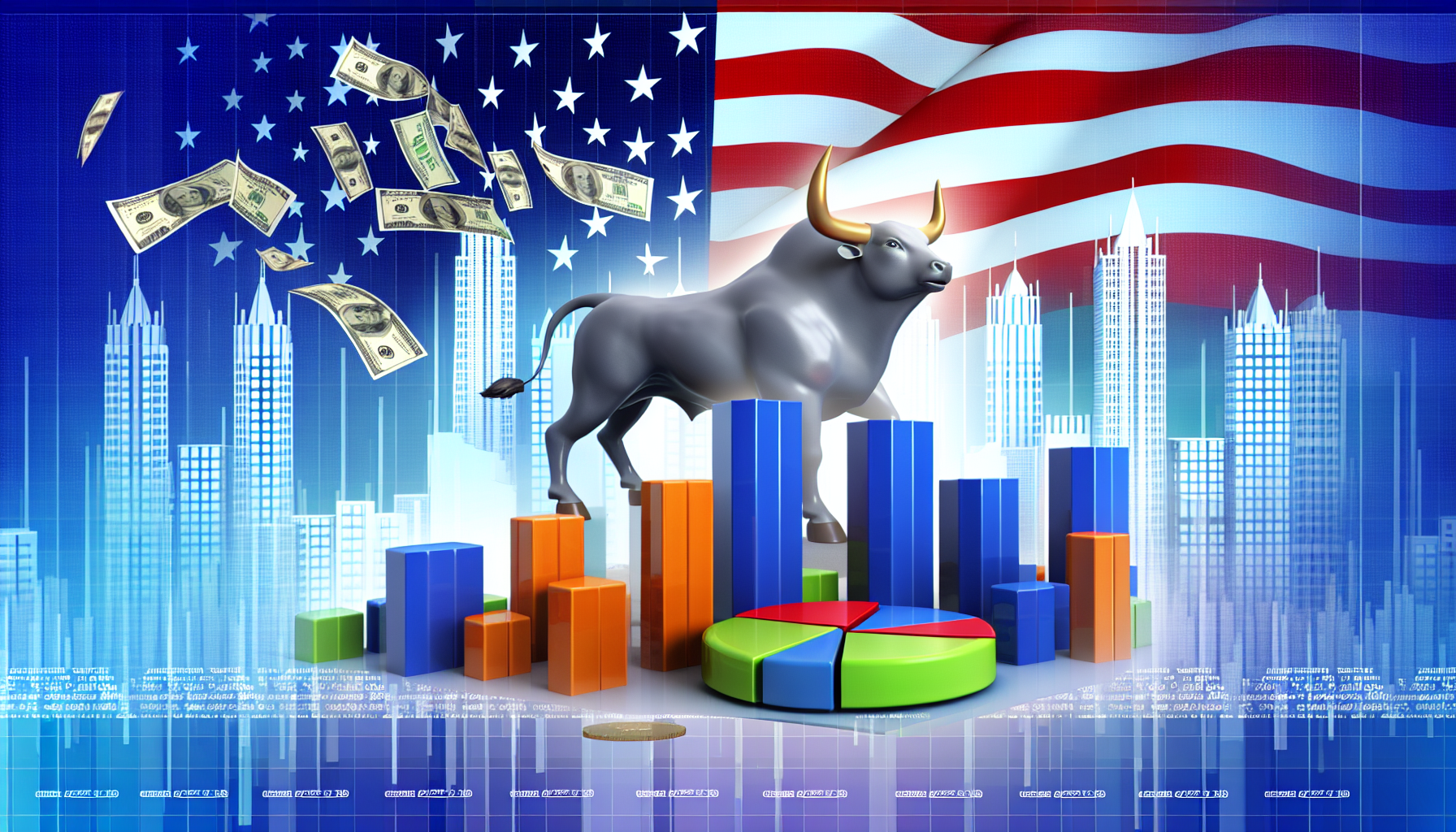 Illustration eines hervorragenden US-Aktienfonds, dargestellt als starker, mÃ¤chtiger Stier (Symbol eines steigenden Marktes), umgeben von lebhaften Balken- und Kreisdiagrammen, die profitable Renditen zeigen. Die Umgebung des Stiers ist gefÃ¼llt mit hoch aufragenden GebÃ¤uden, die FirmenbÃ¼ros reprÃ¤sentieren. Geldscheine und MÃ¼nzen wirbeln durch die Luft, um den finanziellen Aspekt zu symbolisieren. Die Komposition sollte ein GefÃ¼hl von positiver Energie und Erfolg vermitteln.