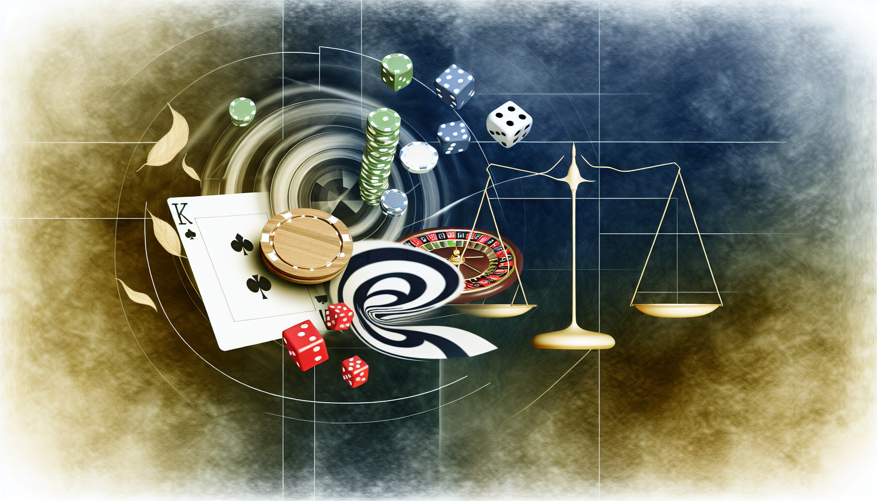 Ein abstraktes Bild, das das Konzept von Strategie beim Glücksspiel und die Möglichkeit, Geld zu gewinnen, darstellt. Das Bild kann traditionelle Glücksspiel-Elemente wie Pokerchips, Spielkarten, ein Roulette-Rad oder Würfel zeigen, die mit Symbolen strategischen Denkens wie einem Schachbrett oder Schachfiguren verflochten sind. Eine Waage kann hinzugefügt werden, um das fragile Gleichgewicht zwischen Risiko und Belohnung zu symbolisieren. Dies sollte in einer etwas surrealen, traumähnlichen Weise präsentiert werden, wobei die Unvorhersehbarkeit und der Nervenkitzel des Glücksspiels betont werden.