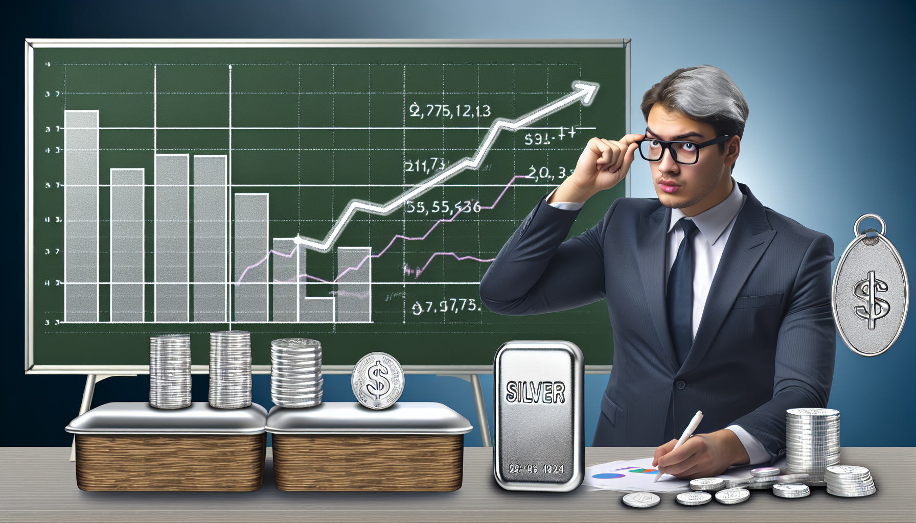 Eine visuelle Darstellung des strategischen Silberkaufs. Das Bild zeigt einen kaukasischen Mann, der den Silbermarkt strategisch analysiert; im Hintergrund ist ein detailliertes Balkendiagramm zu sehen, das die Preisfluktuationen darstellt. Neben ihm steht ein Tisch, auf dem Silberm&Atilde;&frac14;nzen und Barren liegen. Eine gro&Atilde;Ÿe Kreidetafel im Hintergrund zeigt Strategien und finanzielle Gleichungen zum Silberkauf. Er h&Atilde;&curren;lt eine Brille in der einen Hand und zeigt mit der anderen auf die Tafel, dabei hat er einen konzentrierten Gesichtsausdruck.