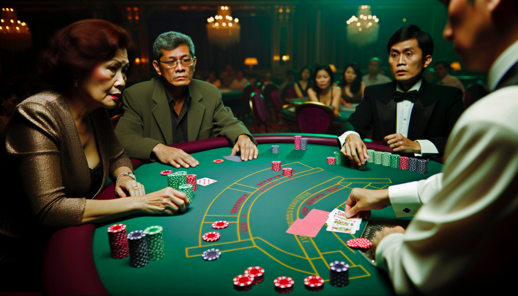 Eine intensive Szene eines Baccarat-Spiels in einem prunkvoll dekorierten Casino. Der Tisch ist gr&Atilde;&frac14;n und mit Stapeln buntfarbiger Jetons sowie ausgelegten Spielkarten geschm&Atilde;&frac14;ckt. Zwei Spieler, eine hispanische Frau mittleren Alters und ein junger s&Atilde;&frac14;dasiatischer Mann, sind tief in das Spiel vertieft; ihre Gesichtsausdr&Atilde;&frac14;cke zeigen eine Mischung aus Erwartung und taktischem Kalk&Atilde;&frac14;l. Der Croupier, ein &Atilde;&curren;lterer wei&Atilde;Ÿer Mann, ist gerade dabei, die n&Atilde;&curren;chste Karte aufzudecken. Im schummrig beleuchteten Hintergrund verfolgen andere Casinobesucher das Spiel mit angehaltenem Atem.