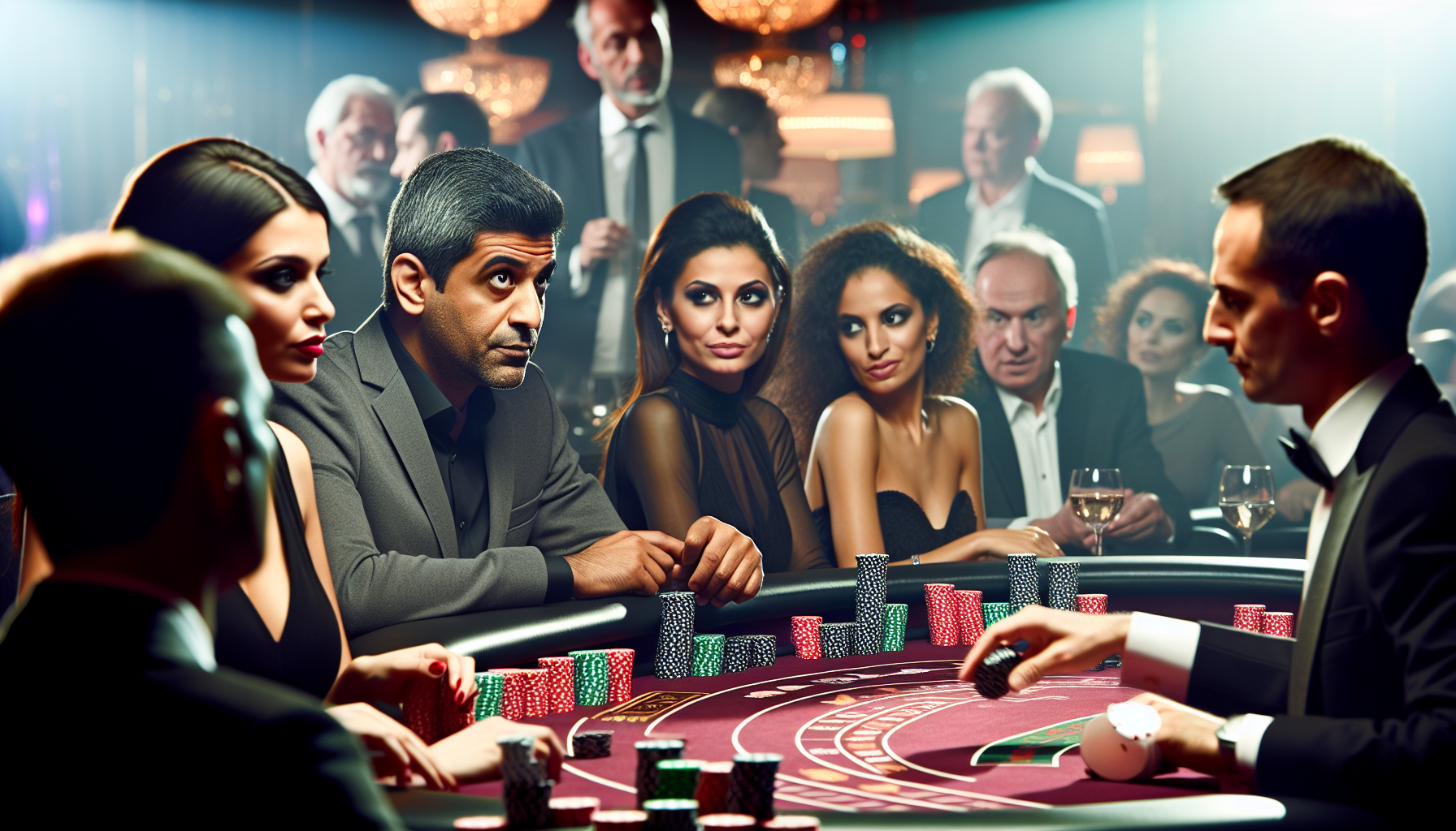 Eine angespannte Szene in einem luxuri&Atilde;&para;sen Casino. Ein makelloser Baccarat-Tisch, getaucht in sanftes, atmosph&Atilde;&curren;risches Licht, steht im Mittelpunkt. Geschickte Spieler, darunter eine selbstbewusste Frau aus dem Nahen Osten und ein angespannt wirkender kaukasischer Mann, sind v&Atilde;&para;llig in das Spiel vertieft. Funkelnde Jetons in verschiedenen Farben, die unterschiedliche Werte kennzeichnen, sind ordentlich vor jedem Spieler gestapelt. Die Dealerin, eine souver&Atilde;&curren;ne hispanische Frau, teilt die Karten aus. Zuschauerinnen und Zuschauer mit unterschiedlichsten Herk&Atilde;&frac14;nften und Geschlechtern wirken gleicherma&Atilde;Ÿen gebannt; ihre Gesichtsausdr&Atilde;&frac14;cke spiegeln die Intensit&Atilde;&curren;t des Spiels wider. Die Atmosph&Atilde;&curren;re wird zus&Atilde;&curren;tzlich vom leisen Murmeln der Gespr&Atilde;&curren;che und gelegentlichem Klirren von Gl&Atilde;&curren;sern bereichert.