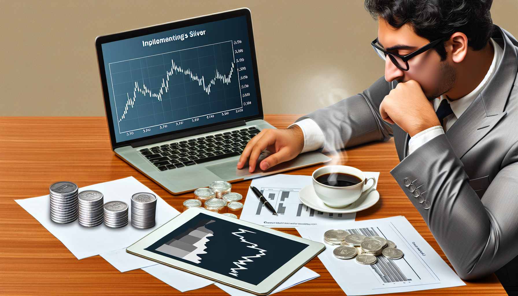 Visualisiere eine Szene, in der eine Person eine Strategie zum Kauf von Silber umsetzt. Zeige einen Tisch voller Dokumente, einen Laptop, der die schwankenden Silberpreise hervorhebt, eine dampfende Kaffeetasse daneben und ordentlich angeordnete Silbermünzen und -barren. Außerdem eine Person nahöstlicher Abstammung, die eine Brille und einen Anzug trägt und die Unterlagen mit konzentriertem Blick studiert.
