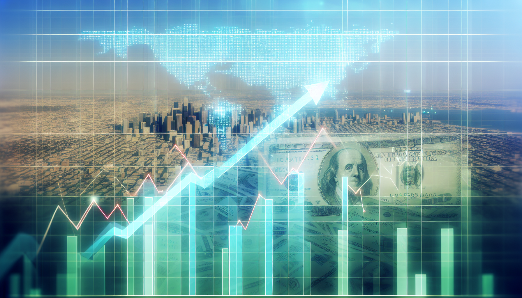 Eine detaillierte Visualisierung der leistungsstärksten US-Aktienfonds. Bitte stellen Sie ein Diagramm dar, das den Anstieg der Wertentwicklung dieser Fonds im Zeitverlauf zeigt, mit einer Überlagerung aus US-Dollar-Banknoten, Börsentickern (Aktienkürzeln) und weiteren verwandten Bildmotiven, die schnelles Wachstum und Fortschritt vermitteln. Platzieren Sie das Ganze vor einem weiten Stadtmotiv/ einer großen Skyline, die das Herz des amerikanischen Finanzmarktes symbolisiert.