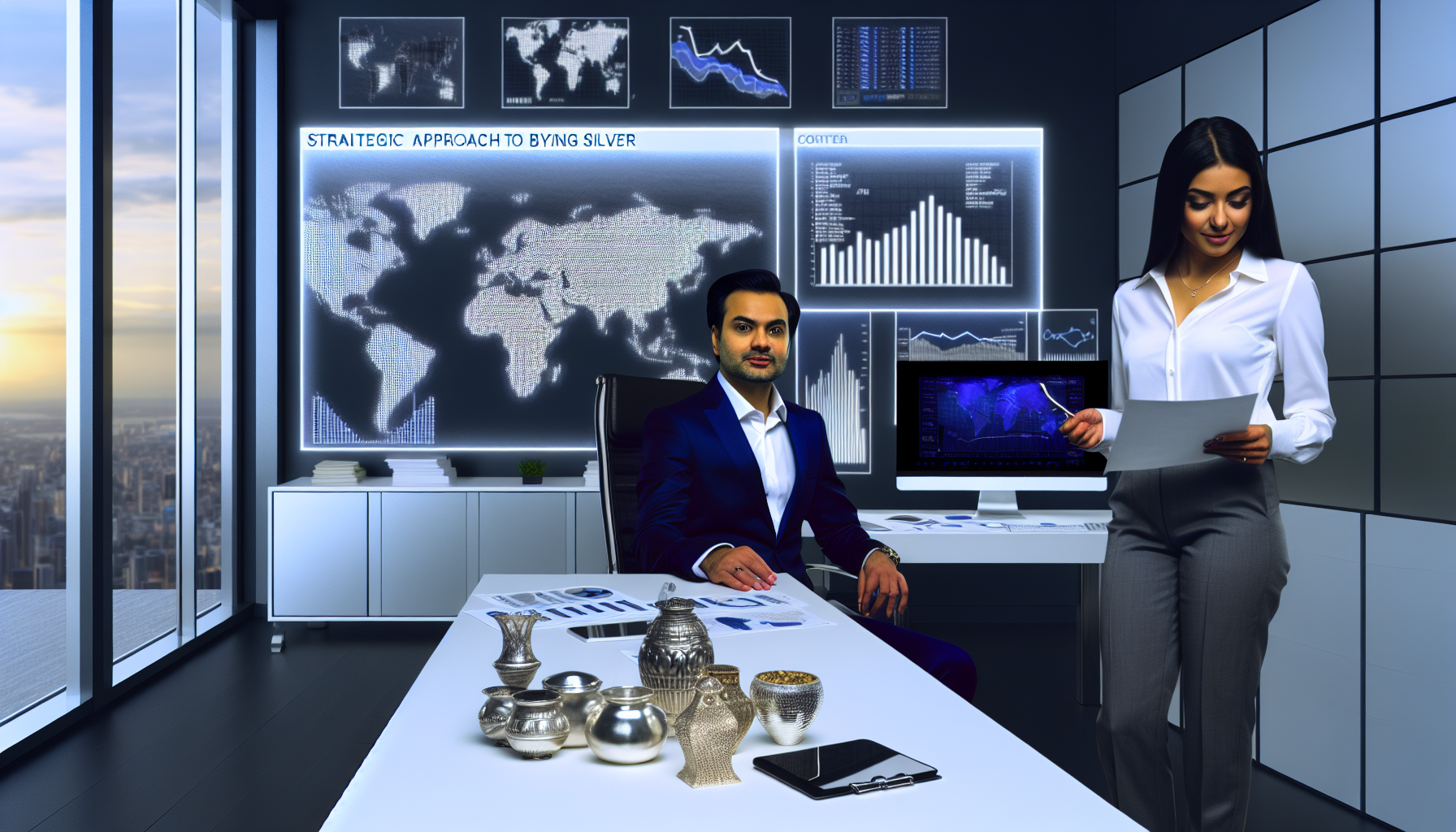 Visualisiere einen strategischen Ansatz zum Kauf von Silber. Die Szene spielt in einem eleganten, modernen B&Atilde;&frac14;ro. Ein gut gekleideter Mann s&Atilde;&frac14;dasiatischer Herkunft sitzt selbstbewusst an einem Schreibtisch und analysiert verschiedene Diagramme und Statistiken auf seinem Computer. Eine gro&Atilde;Ÿe Wandkarte mit eingezeichneten Silber-Handelsrouten und kostbare Silberartefakte, die auf seinem Schreibtisch verteilt liegen, spiegeln seinen Fokus auf den Silbermarkt wider. In einer Ecke l&Atilde;&curren;uft ein Fernseher, der weltweite Wirtschaftsnachrichten &Atilde;&frac14;bertr&Atilde;&curren;gt. Eine Frau hispanischer Herkunft, ebenfalls professionell gekleidet, &Atilde;&frac14;berreicht ihm einen Bericht, der vermutlich wertvolle Einsichten in die Silberindustrie enth&Atilde;&curren;lt. Die Bildsprache sollte anspruchsvoll sein und ein tiefes Verst&Atilde;&curren;ndnis von Marktstrategien vermitteln.