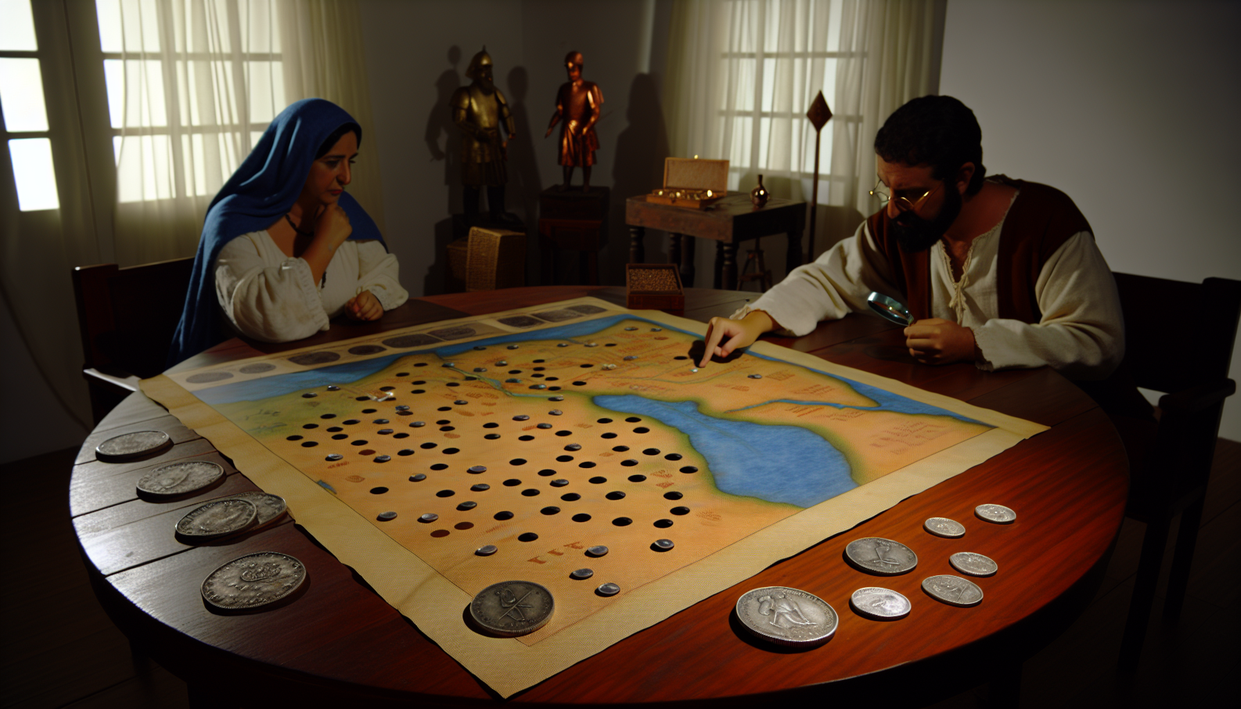 Stell dir eine Szene vor, die den strategischen Kauf von Silber zeigt. In einem gut beleuchteten Raum sitzen zwei Personen an einem Holztisch und studieren eine mit m&Atilde;&para;glichen Silberminen &Atilde;&frac14;bers&Atilde;&curren;te Karte. Auf dem Tisch liegen au&Atilde;Ÿerdem antike Silberm&Atilde;&frac14;nzen und symbolische Darstellungen verschiedener wirtschaftlicher Indikatoren. Eine der Personen, eine Frau aus dem Nahen Osten, deutet auf eine bestimmte Mine auf der Karte, w&Atilde;&curren;hrend der andere, ein hispanischer Mann, eine der Silberm&Atilde;&frac14;nzen mit einer Lupe untersucht. Es werden verschiedene Strategien zum Erwerb von Silber diskutiert.