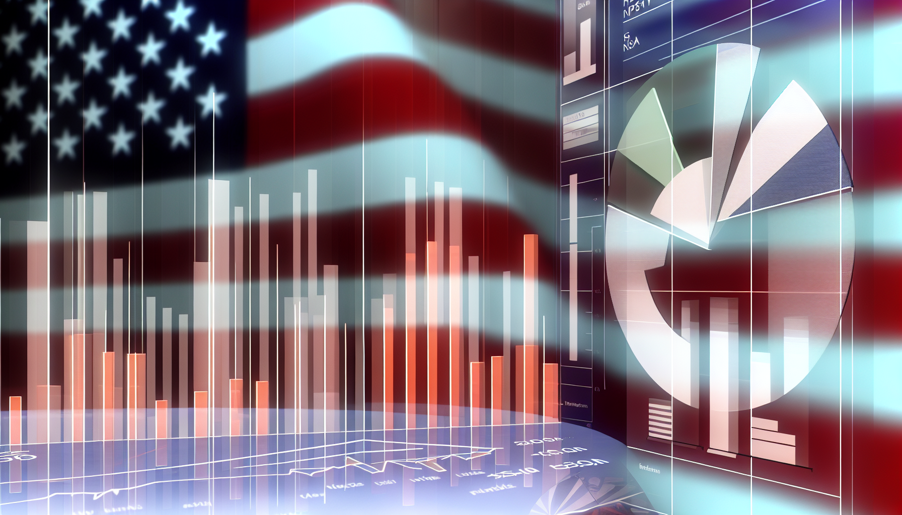 Eine Visualisierung eines amerikanischen Aktienfonds, dargestellt als Balkendiagramm, das die Wertentwicklung verschiedener Aktien zeigt. Separate Balken kennzeichnen unterschiedliche Sektoren wie Technologie, Gesundheitswesen, Finanzen und Konsumg&Atilde;&frac14;ter. Neben dem Diagramm zeigt ein Kreisdiagramm die Verteilung der Investitionen auf diese Sektoren. Im Hintergrund ist dezent eine halbtransparente US-Flagge in das Design integriert, die auf den nationalen Charakter des Fonds hinweist.