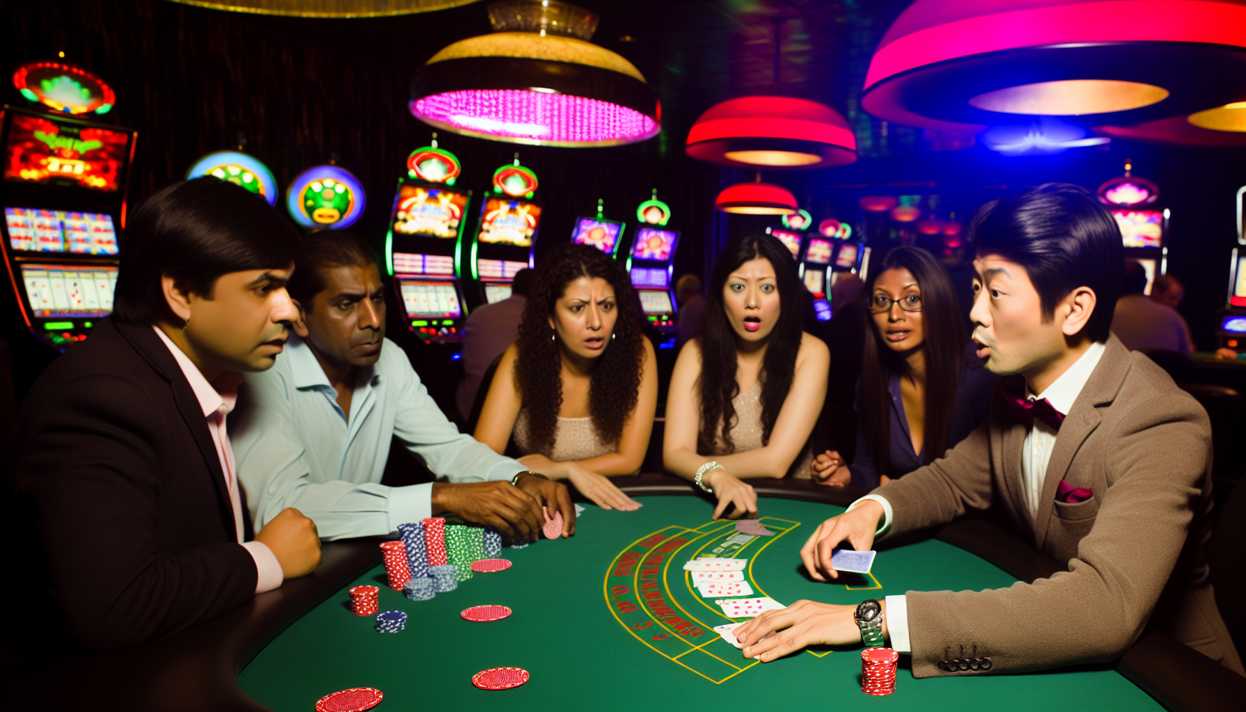 Eine gesch&Atilde;&curren;ftige Szene in einem schwach beleuchteten Casino: mehrere Personen unterschiedlicher Herkunft und Geschlechter sind in ein spannendes Baccarat-Spiel vertieft. Ein s&Atilde;&frac14;dasiatischer Mann teilt die Karten aus, w&Atilde;&curren;hrend eine hispanische Frau und ein wei&Atilde;Ÿer Mann gespannt den Verlauf beobachten. Die Spielchips sind ordentlich gestapelt, und die Karten sind aufgef&Atilde;&curren;chert, sodass das bevorstehende Ergebnis sichtbar wird. Die Neonlichter der Spielautomaten tauchen den Raum in ein mehrfarbiges Leuchten.