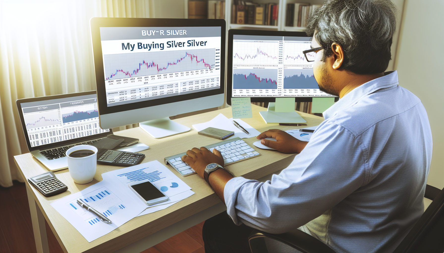 Zeige ein Bild von jemandem, der Silber mit einer strategischen Vorgehensweise kauft. Die Person sitzt an einem Schreibtisch und studiert Diagramme, Statistiken und Trends auf mehreren Bildschirmen, um das Verhalten des Silbermarktes zu verstehen. Er ist ein s&Atilde;&frac14;dasiatischer Mann, tr&Atilde;&curren;gt ein l&Atilde;&curren;ssiges Hemd und eine Brille und hat eine Tasse Kaffee in der N&Atilde;&curren;he stehen. Der Schreibtisch ist mit Notizen, Stiften und einem Taschenrechner &Atilde;&frac14;bers&Atilde;&curren;t, was auf intensive Recherche hinweist. Auf einem Bildschirm ist der Silberpreis deutlich angezeigt. Die Szene spielt in einem Innenraum, durch ein nahegelegenes Fenster f&Atilde;&curren;llt sanftes Sonnenlicht.