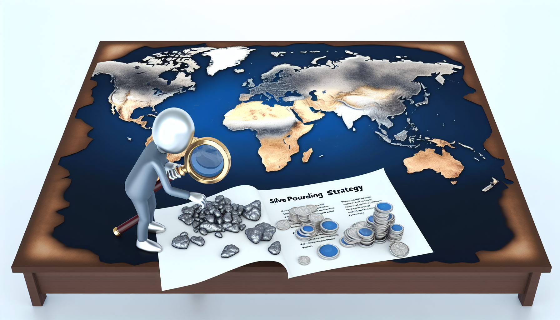 Eine Illustration des Konzepts einer Strategie zum Silberkauf. Eine Person hispanischer Abstammung, ohne Angabe des Geschlechts, schwebt &Atilde;&frac14;ber einer gro&Atilde;Ÿen, auf dem Tisch ausgebreiteten Weltkarte. In der rechten Hand h&Atilde;&curren;lt die Person eine Lupe und untersucht Regionen, die f&Atilde;&frac14;r Silberminen bekannt sind. Auf dem Tisch liegen verschiedene Silbererzst&Atilde;&frac14;cke, ein Haufen Silberm&Atilde;&frac14;nzen und strategische Dokumente, die eine Planung andeuten. Bitte stelle die Szene im mittelalterlichen Stil dar, um den jahrhundertealten Wert des Silbers zu symbolisieren.