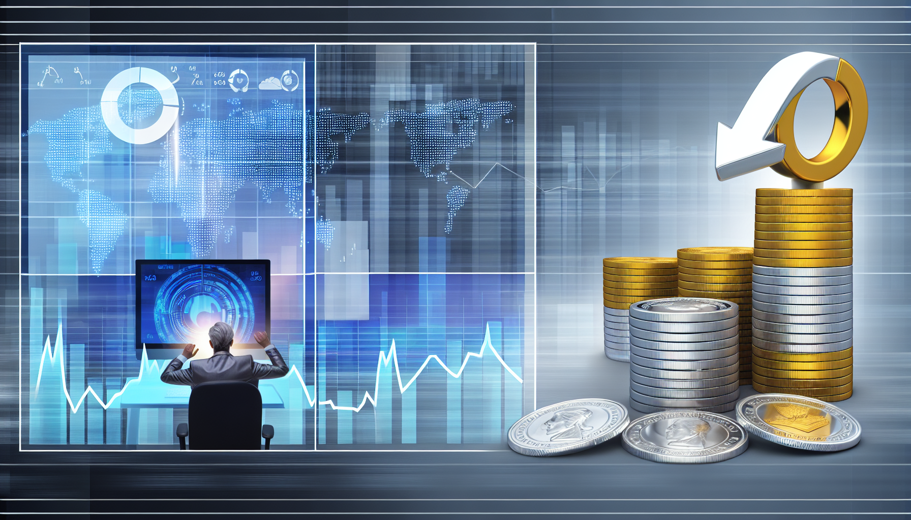Ein Bild, das das Konzept eines strategischen Silberkaufs darstellt. Es zeigt Elemente wie ein sorgf&Atilde;&curren;ltig gestaltetes Diagramm, das steigende Preise anzeigt, sowie strategisch gestapelte Silberm&Atilde;&frac14;nzen und -barren. Eine Person analysiert aufgeregt die Markttrends; ihre Identit&Atilde;&curren;t und Nationalit&Atilde;&curren;t bleiben jedoch unklar und werden nur durch Kleidung und Gestik angedeutet. Der Hintergrund ist ein elegantes, modernes B&Atilde;&frac14;ro mit einem High&acirc;€‘Tech&acirc;€‘Computerbildschirm, der Echtzeit&acirc;€‘Marktdaten anzeigt.