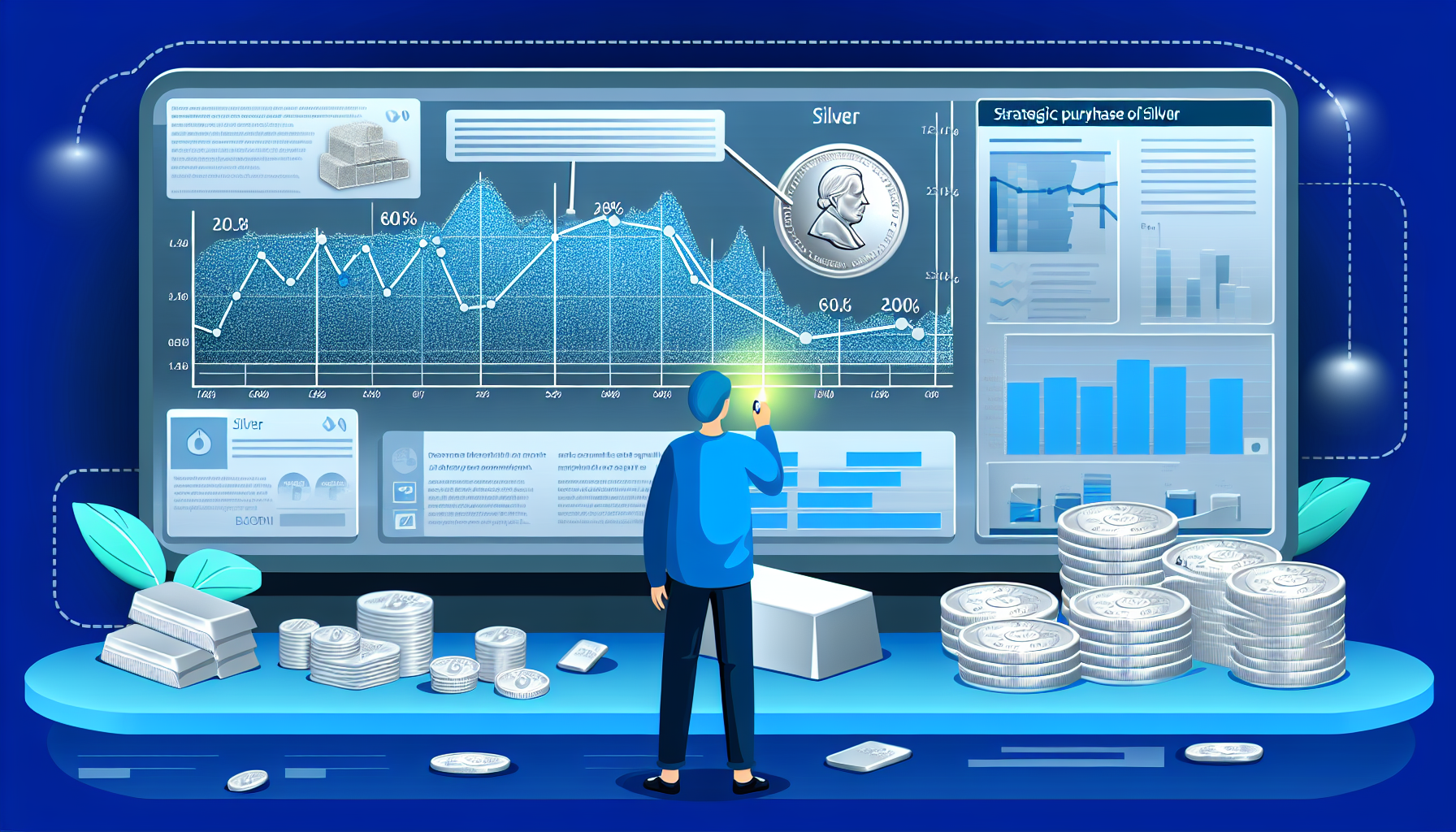 Eine Illustration eines strategischen Silberkaufs. Im Vordergrund ist eine Person zu sehen, die eine detaillierte Infografik studiert, die auf einer gro&Atilde;Ÿen Anzeige mit Informationen &Atilde;&frac14;ber Silberm&Atilde;&curren;rkte, Statistiken und Trends gespickt ist. Diagramme, Zahlen und Silberm&Atilde;&frac14;nzen sind visuell ansprechend dargestellt. Die Person wirkt nachdenklich und markiert mit einem Laserpointer die wichtigsten Punkte der Infografik. Verschiedene Silbergegenst&Atilde;&curren;nde wie M&Atilde;&frac14;nzen, Barren und Schmuck liegen auf dem Tisch vor ihr ausgebreitet und deuten auf ihr diversifiziertes Silber-Investmentportfolio hin.