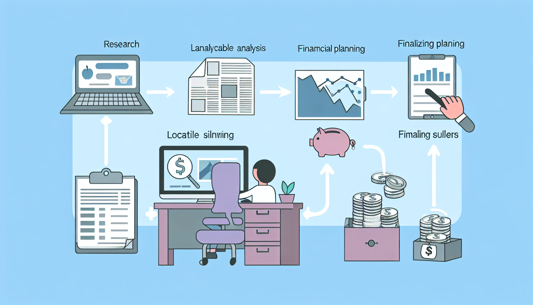 Illustrieren Sie einen strategischen Prozess zum Kauf von Silber. Zeigen Sie verschiedene Phasen wie Recherche, Analyse, Finanzplanung, die Suche nach seriösen Händlern und den Abschluss des Kaufs. nDie Szene könnte eine Person an einem Schreibtisch zeigen, mit verschiedenen Werkzeugen für diesen Prozess, etwa einem Computer, einer Zeitung für die Recherche, einer Grafik für die Analyse, einem Sparschwein oder Taschenrechner für die Finanzplanung und einer kleinen Lupe, um die Qualität des Silbers zu prüfen.