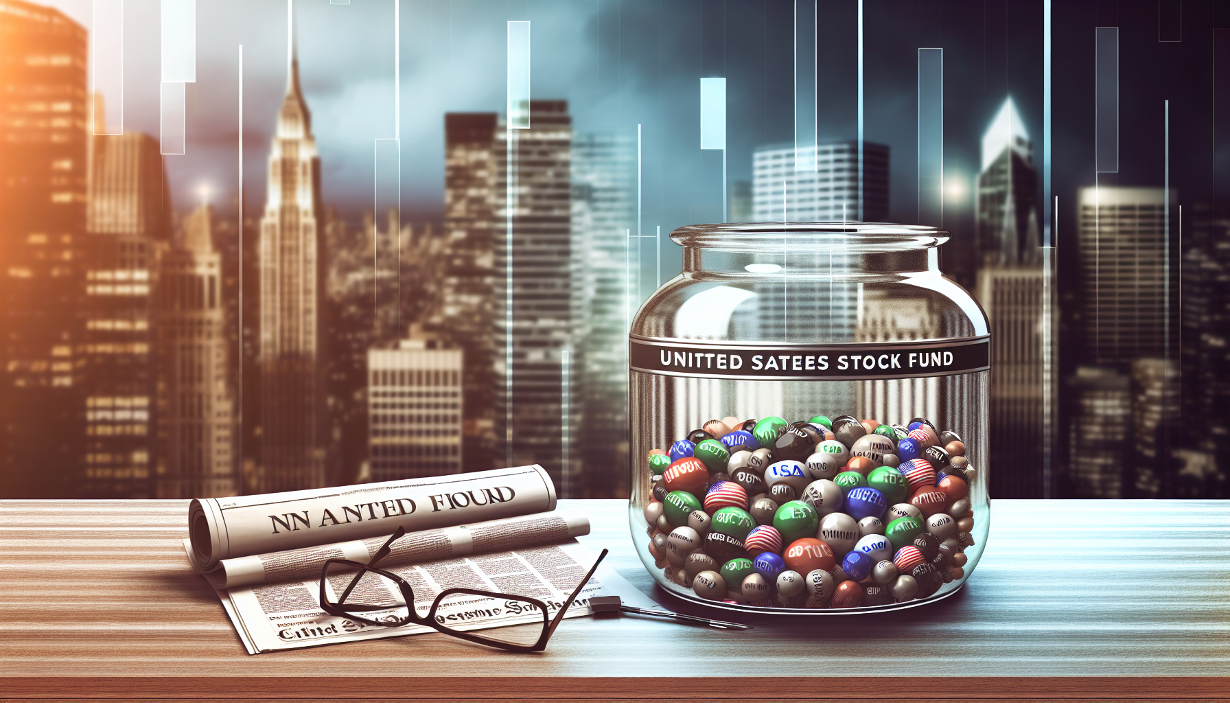 Eine hervorragende visuelle Darstellung eines US-Aktienfonds, in der verschiedene Arten von Aktien als physische Gegenst&Atilde;&curren;nde in einem riesigen Glasgef&Atilde;&curren;&Atilde;Ÿ dargestellt sind. Das Gef&Atilde;&curren;&Atilde;Ÿ steht auf einem luxuri&Atilde;&para;sen Holztisch, neben dem eine Finanzzeitung und eine Brille liegen. Im Hintergrund ist die Innenstadt mit Wolkenkratzern zu sehen, die die m&Atilde;&curren;chtigen Konzerne symbolisieren. Die Beleuchtung ist dezent und vermittelt das Gef&Atilde;&frac14;hl, sich in einem anspruchsvollen B&Atilde;&frac14;ro zu befinden.