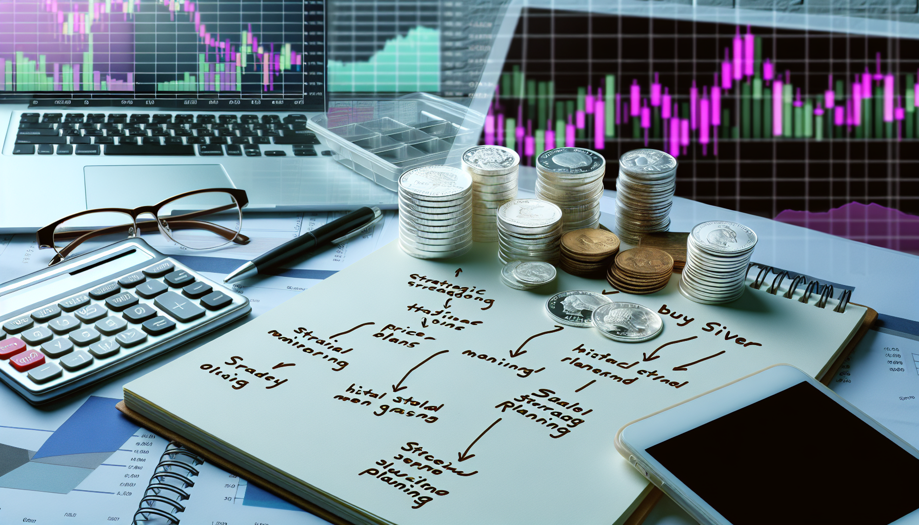 Stellen Sie sich ein Bild vor, das das Konzept des strategischen Silberkaufs zeigt. Auf einem Tisch sind verschiedene Silberprodukte wie M&Atilde;&frac14;nzen, Barren und Schmuck ausgebreitet. Daneben liegt ein Notizbuch mit strategischen Pl&Atilde;&curren;nen, etwa Preis&Atilde;&frac14;berwachung, Analyse historischer Trends und Planung sicherer Aufbewahrung. Au&Atilde;Ÿerdem ruhen ein Taschenrechner und eine Brille auf dem Notizbuch. Im Hintergrund ist auf einem Computerbildschirm eine B&Atilde;&para;rsenhandels&acirc;€‘App zu sehen, die Grafiken und Trends der Silberpreise anzeigt.
