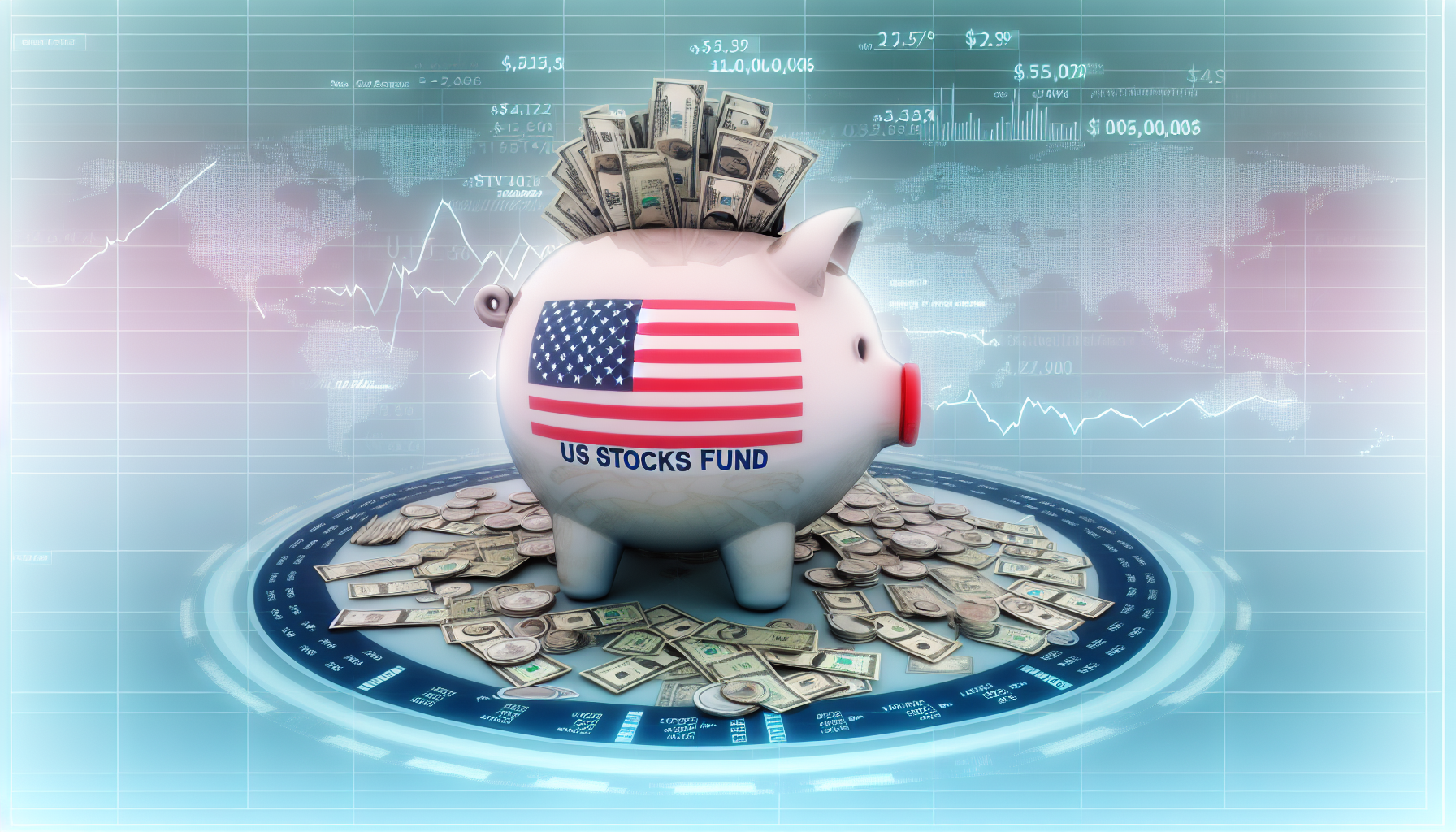 Eine visuelle Darstellung eines US-Aktienfonds, dargestellt durch ein großes, grafisch aufgewertetes Sparschwein, gefüllt mit Papierdollars und Münzen. Das Sparschwein trägt ein Logo der US-Flagge. Rund um das Sparschwein sind verschiedene Finanzindikatoren und Grafiken angeordnet, die Trends und Bewegungen am Markt darstellen. Im Hintergrund sollte dezent eine dynamische, hochmoderne Handelsumgebung angedeutet werden.