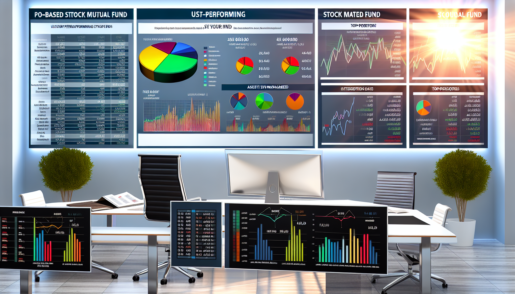 Eine Collage, die die Leistungskennzahlen der erfolgreichsten in den USA ans&Atilde;&curren;ssigen Aktienfonds zeigt. Die Szene zeigt ein komplexes Finanzdashboard mit verschiedenen statistischen Daten, Grafiken und Diagrammen. Jeder Fonds wird durch ein farbenfrohes Kreisdiagramm und ein Balkendiagramm dargestellt, die seine Performance im vergangenen Jahrzehnt offenbaren. Zu jedem Fonds geh&Atilde;&para;rt eine kurze Beschreibung mit dem Fondsnamen, dem Auflegungsdatum, dem verwalteten Verm&Atilde;&para;gen und den bestperformenden Sektoren. Das Dashboard steht vor dem Hintergrund eines &Atilde;&curren;sthetisch ansprechenden B&Atilde;&frac14;ros mit einem gro&Atilde;Ÿen, modernen Monitor, einem ergonomischen Arbeitsplatz und einem Sonnenstrahl, der durch ein nahegelegenes Fenster den Bericht beleuchtet.