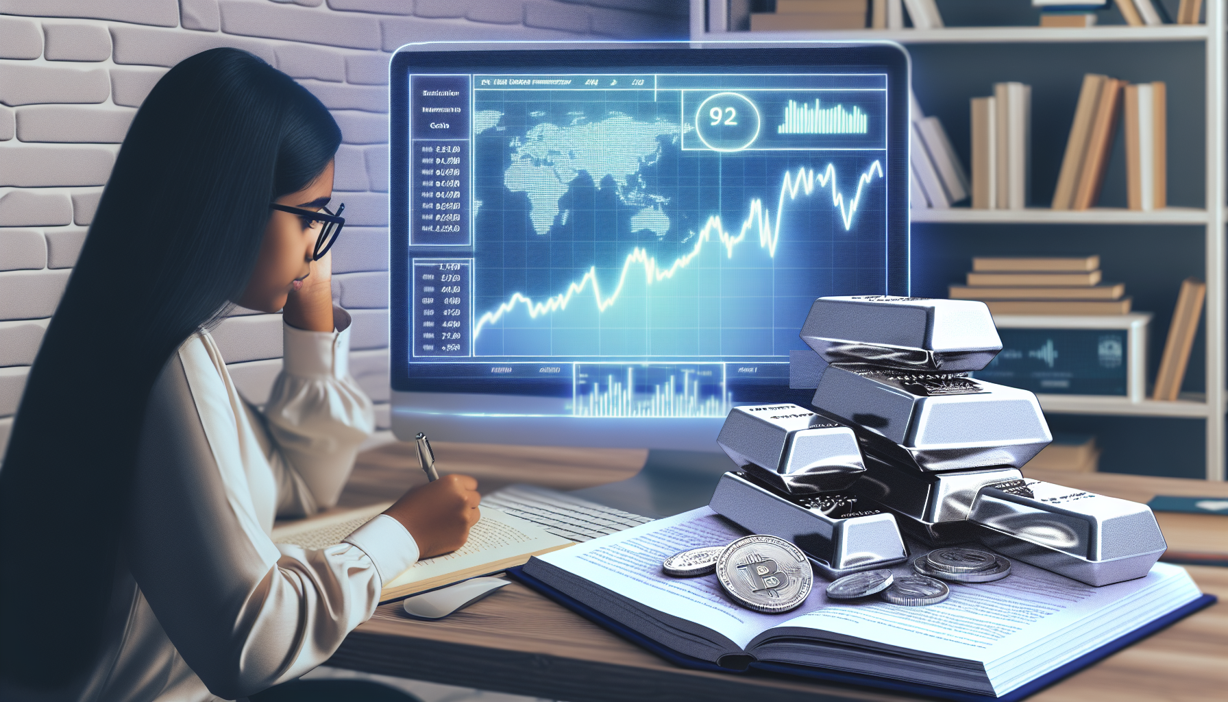 Ein Bild, das das Konzept des strategischen Silberkaufs zeigt: Auf dem Computerbildschirm sind ein Diagramm mit schwankenden Silberpreisen und B&Atilde;&para;rsenindizes zu sehen; auf ihrem Schreibtisch befindet sich au&Atilde;Ÿerdem ein futuristisch wirkendes Interface. Eine junge s&Atilde;&frac14;dasiatische Frau sitzt am Tisch, neben ihr liegt ein aufgeschlagenes Buch &Atilde;&frac14;ber Strategien zur Silberanlage, das sie mit einem silbernen Stift an wichtigen Stellen markiert. Die Silberbarren sind ordentlich gestapelt auf dem Schreibtisch, und im Hintergrund ist eine Weltkarte zu sehen, die globale Investmentsymbolik vermittelt.