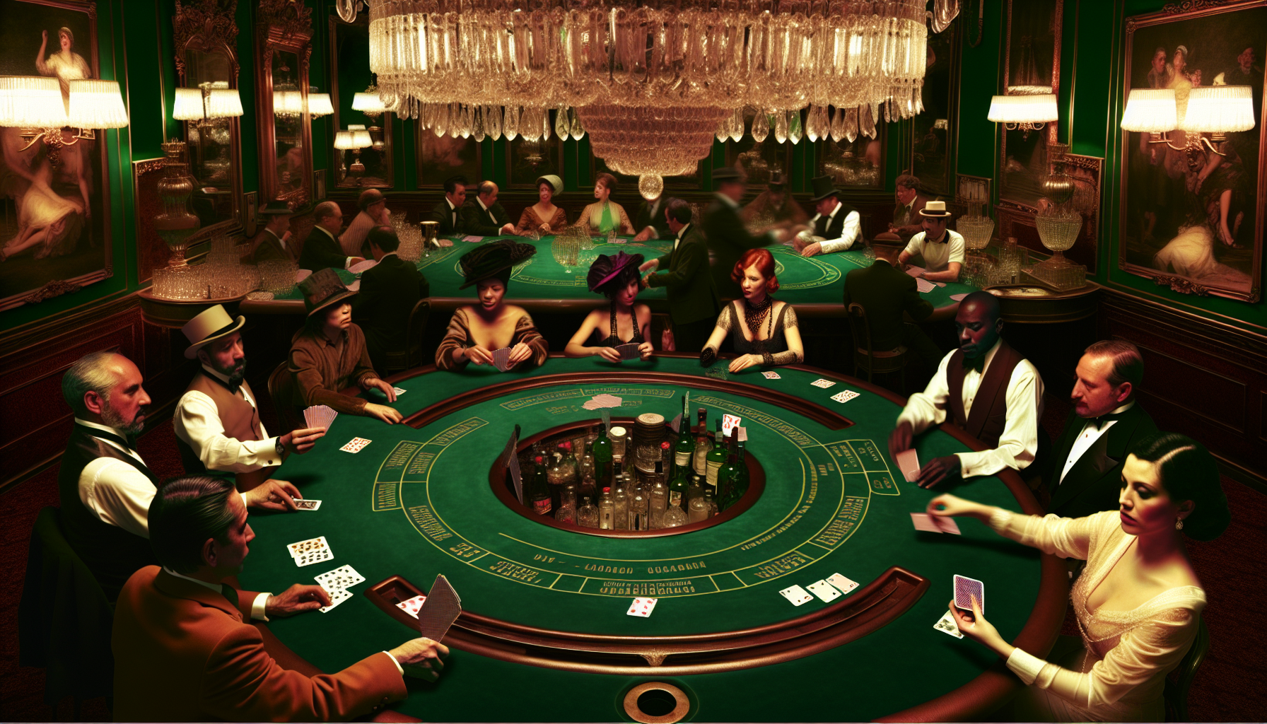 Ein kunstvoll ausgearbeitetes Bild einer klassischen Baccarat-Spielszene. Auf einem tiefgr&Atilde;&frac14;nen, samtigen Tisch sitzen Spieler unterschiedlicher Herkunft, etwa hispanischer und nah&Atilde;&para;stlicher Abstammung. Unter den Spielern sind beide Geschlechter; einige halten die Karten dicht an die Brust, andere platzieren strategisch ihre Eins&Atilde;&curren;tze. Die Intensit&Atilde;&curren;t und Aufregung in ihren Gesichtern ist f&Atilde;&para;rmlich sp&Atilde;&frac14;rbar. Im Hintergrund tragen das Geplauder und das Klirren von Gl&Atilde;&curren;sern zur fesselnden Atmosph&Atilde;&curren;re des Casinos bei. Antike Kristallkronleuchter, die von der Decke h&Atilde;&curren;ngen, verbreiten einen warmen Schein. All diese Elemente steigern das Gef&Atilde;&frac14;hl von Erwartung und Pracht des Spiels.