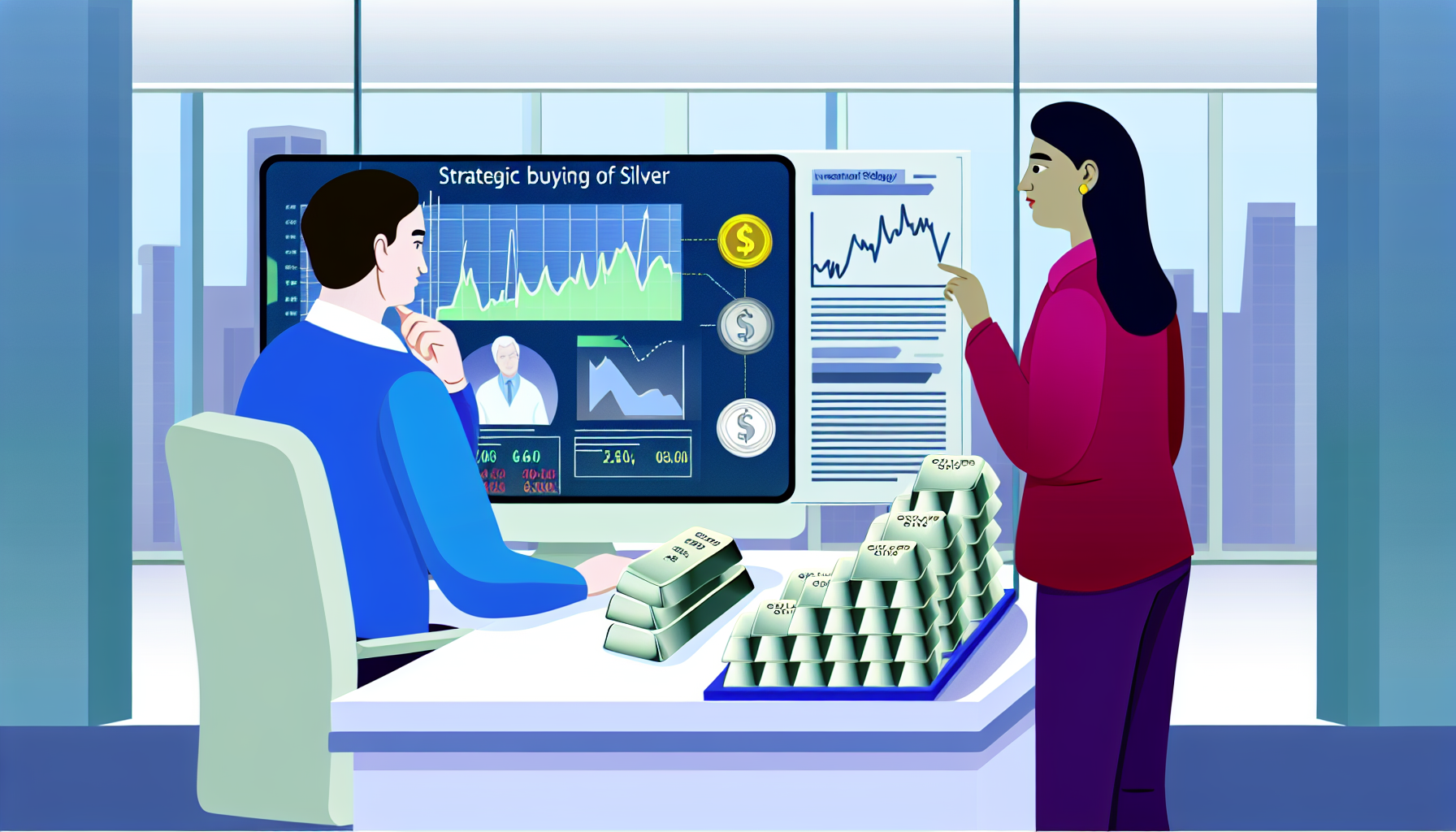 Illustrieren Sie den strategischen Kauf von Silber. Die Szene zeigt einen wei&Atilde;Ÿen Mann, der einen Computerbildschirm mit verschiedenen Charts und Grafiken analysiert, die den Marktwert von Silber darstellen, sowie eine s&Atilde;&frac14;dasiatische Finanzberaterin, die ihm erkl&Atilde;&curren;rt, wann der richtige Zeitpunkt ist, in Silber zu investieren. Im Raum sind mehrere Silberbarren gut sichtbar ausgestellt, und auf dem Tisch liegt ein Buch mit dem Titel &acirc;€žStrategie f&Atilde;&frac14;r Silberinvestitionen&acirc;€œ.