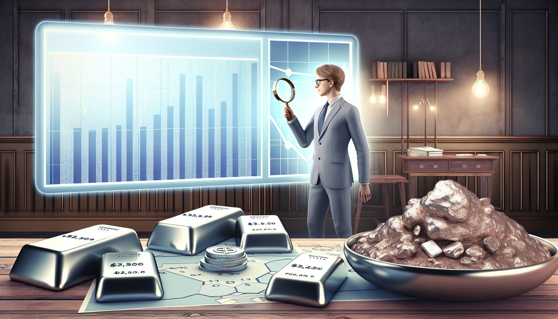 Eine Illustration, die den strategischen Kauf von Silber darstellt. Das Bild sollte eine gut gekleidete Person, möglicherweise weißer Hautfarbe, zeigen, die ein komplexes Diagramm oder eine Grafik zu Silberpreisen auf einem großen, modernen Bildschirm studiert. In der Hand hält sie eine Lupe, um die Details genau zu prüfen. Auf einem großen Holztisch vor ihr sind verschiedene Formen physischen Silbers – Barren, Münzen und rohe Nuggets – ausgestellt. Der Raum vermittelt die Atmosphäre eines mit antiken Gegenständen ausgestatteten Büros unter weichem, warmem Licht.