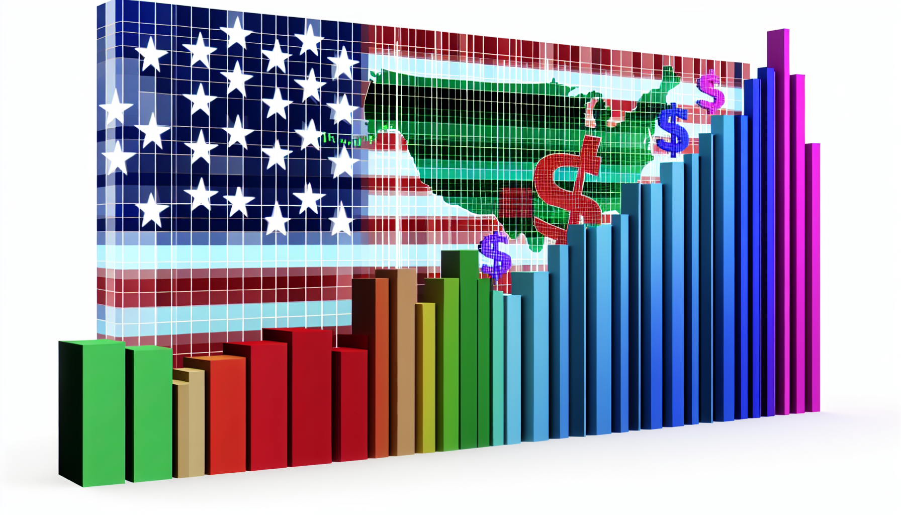 Eine detaillierte Visualisierung eines US-Aktienfonds, dargestellt als Diagramm. Das Diagramm sollte eine Farbpalette zeigen, die verschiedene Sektoren der USâ€‘Wirtschaft reprÃ¤sentiert. FÃ¼gen Sie verschiedene gebrÃ¤uchliche Symbole hinzu, z. B. ein Bullenmarktsymbol, ein Dollarzeichen und Aktienticker-Symbole (AktienkÃ¼rzel).
