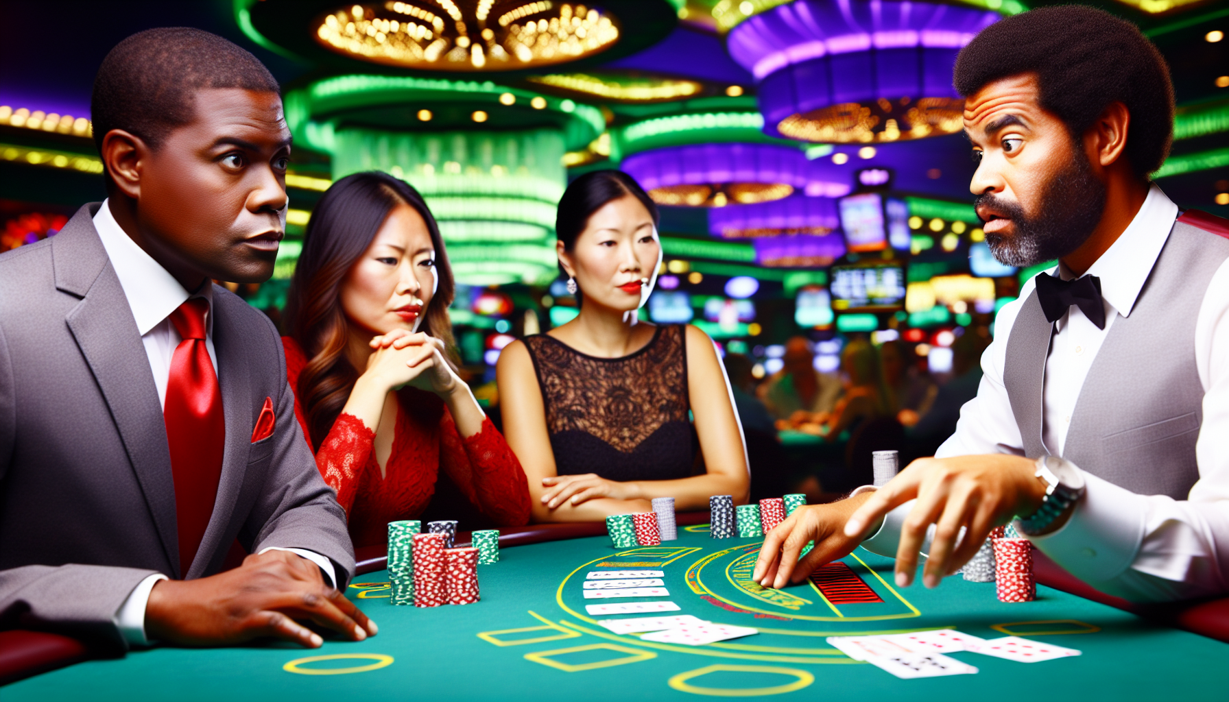 Eine lebhafte, spannungsgeladene Szene in einem luxuriÃ¶sen Casino, die sich hauptsÃ¤chlich auf ein Baccarat-Spiel konzentriert. Ein Trio von Spielern ist vÃ¶llig in das Spiel vertieft, jeder zeigt einen anderen GefÃ¼hlszustand: ein weiÃŸer Mann strahlt ruhige Zuversicht aus, eine asiatische Frau zeigt kÃ¼hle Entschlossenheit, und ein schwarzer Mann wirkt nervÃ¶s, aber hoffnungsvoll. Auf dem grÃ¼nen Filztisch liegen zahlreiche Jetons und die ausgeteilten Karten des Spiels, wÃ¤hrend eine stilvolle, elegante CroupiÃ¨re, eine hispanische Frau, das Geschehen professionell leitet. Die Umgebung ist erfÃ¼llt von den GerÃ¤uschen und Lichtern anderer Spieltische, die eine fesselnde AtmosphÃ¤re schaffen.