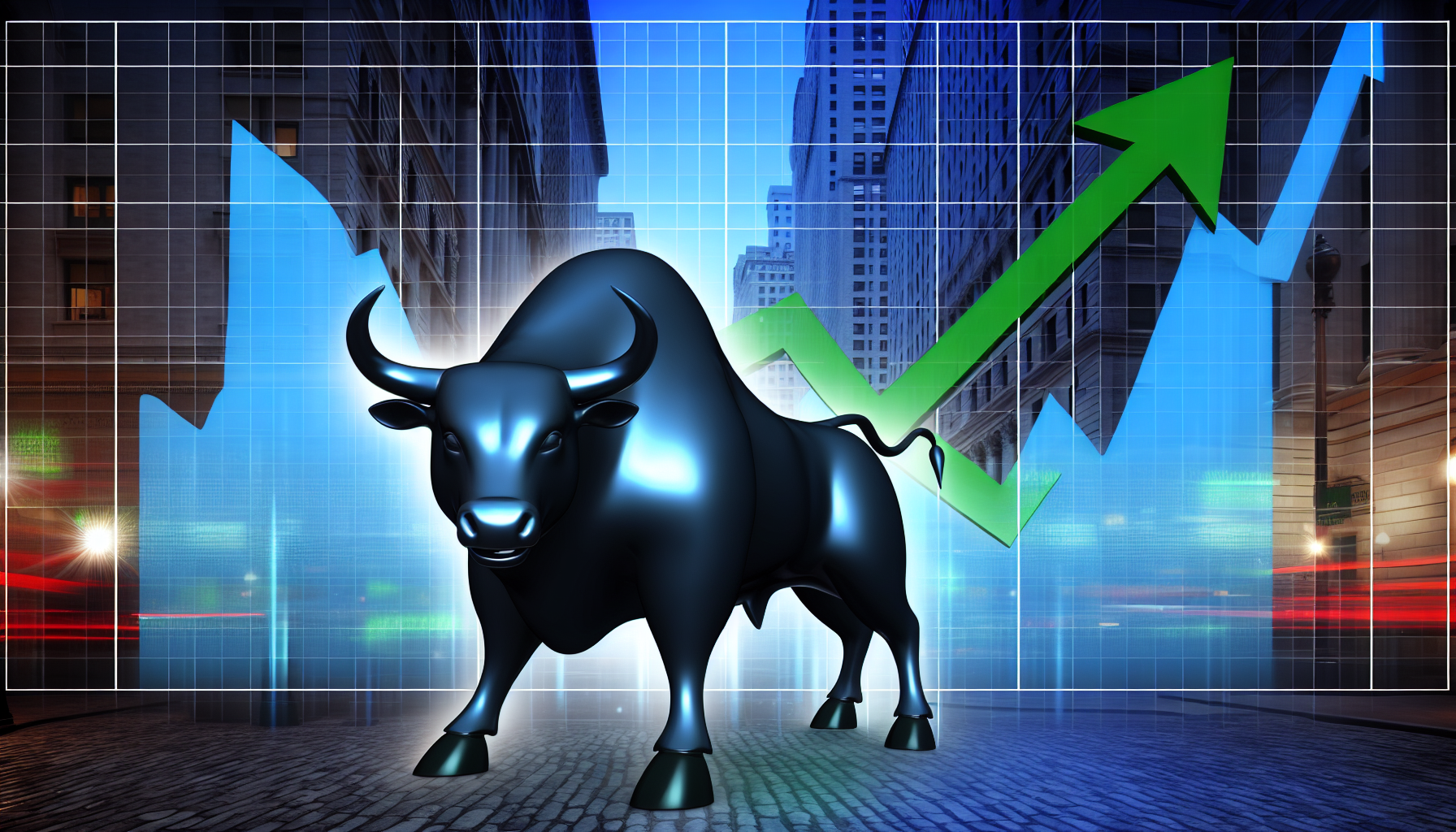 Eine Illustration von US-Aktienfonds, symbolisiert durch einen gro&Atilde;Ÿen Bullen vor einem Diagramm, das positives Wachstum zeigt. Der Bulle, eine traditionelle Darstellung eines florierenden Marktes, ist muskul&Atilde;&para;s und gl&Atilde;&curren;nzt im Licht des Wohlstands. Die Kurve verl&Atilde;&curren;uft nach oben, zeigt einen Trend wachsender Gewinne und ist in Gr&Atilde;&frac14;nt&Atilde;&para;nen gehalten, was auf finanziellen Erfolg hinweist. Der Hintergrund vermittelt eine lebhafte Wall-Street-Atmosph&Atilde;&curren;re mit dem gesch&Atilde;&curren;ftigen Treiben von Tradern, hohen Geb&Atilde;&curren;uden und dem ikonischen Wall-Street-Schild.