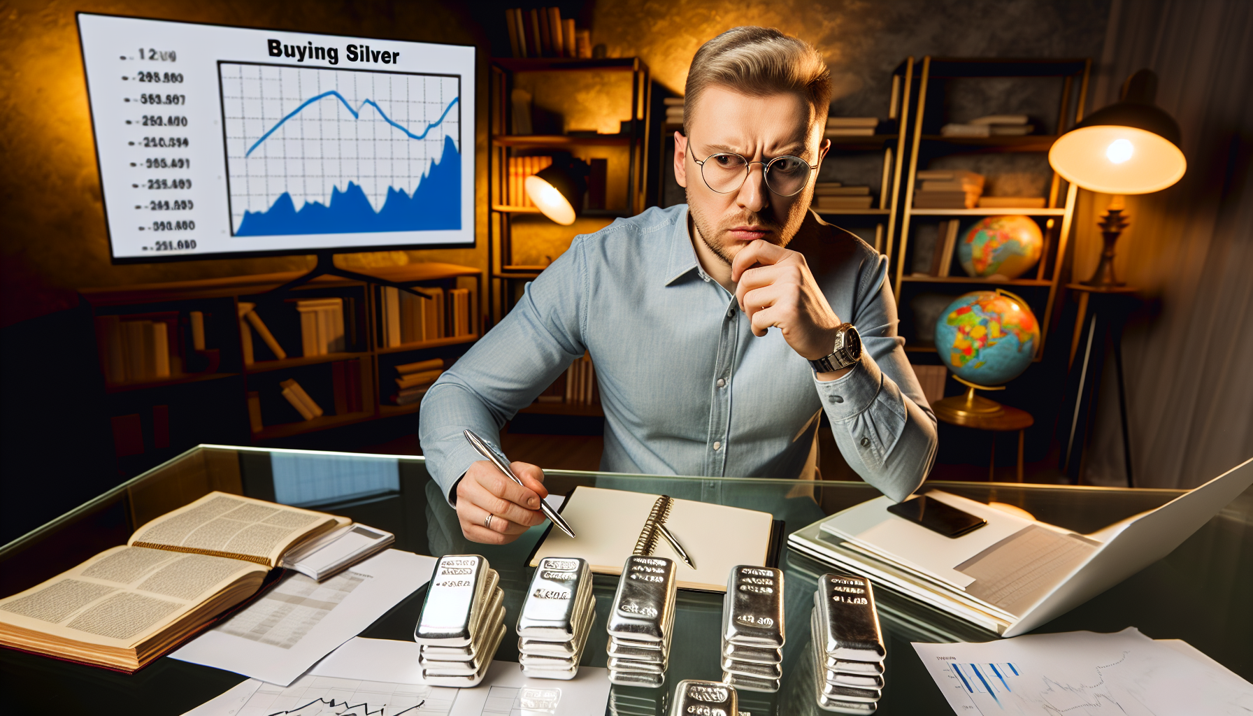 Ein Bild, das die Strategie des Silberkaufs zeigt. Ein wei&Atilde;Ÿer Mann analysiert einen Stapel Silberbarren auf einem Glastisch. Auf einem Bildschirm sind Diagramme und Grafiken zu sehen, die die Schwankungen der Silberpreise zeigen. Er ist tief in Gedanken, macht sich Notizen in einem Notizblock und benutzt einen silbernen Stift. Der Raum ist gef&Atilde;&frac14;llt mit finanzbezogenen B&Atilde;&frac14;chern, einem antiken Globus und einer Schreibtischlampe, die warmes Licht auf die Szene wirft.
