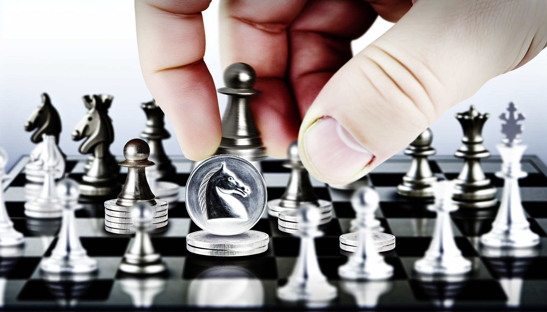 Eine Illustration, die das Konzept des strategischen Kaufs von Silber zeigt. Das Bild zeigt ein Schachbrett mit traditionellen schwarzen und wei&Atilde;Ÿen Figuren, wobei anstelle der &Atilde;&frac14;blichen runden Bauern Silberm&Atilde;&frac14;nzen liegen. Eine menschliche Hand, kaukasisch und m&Atilde;&curren;nnlich, bewegt vorsichtig eine Silberm&Atilde;&frac14;nze, die einen Springer repr&Atilde;&curren;sentiert. Das Bild lenkt die Aufmerksamkeit auf den strategischen Charakter von Investitionen in Edelmetalle, bei dem Planung, Voraussicht und kluge Entscheidungen im Spiel des Schachs eingefangen werden.