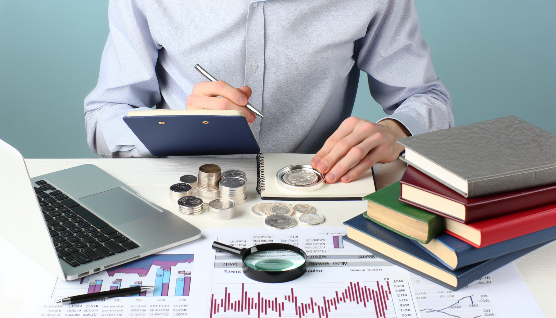 Eine strategisch denkende Person analysiert verschiedene Silbergegenst&Atilde;&curren;nde auf einem Tisch, umgeben von B&Atilde;&frac14;chern und Diagrammen. In der einen Hand h&Atilde;&curren;lt er einen Notizblock, in der anderen eine Lupe, mit der er eine Silberm&Atilde;&frac14;nze untersucht. Auf dem Tisch steht au&Atilde;Ÿerdem ein Laptop, das ein Live-Chart des Silberpreises anzeigt. Die Person ist m&Atilde;&curren;nnlich und kaukasischer Herkunft.