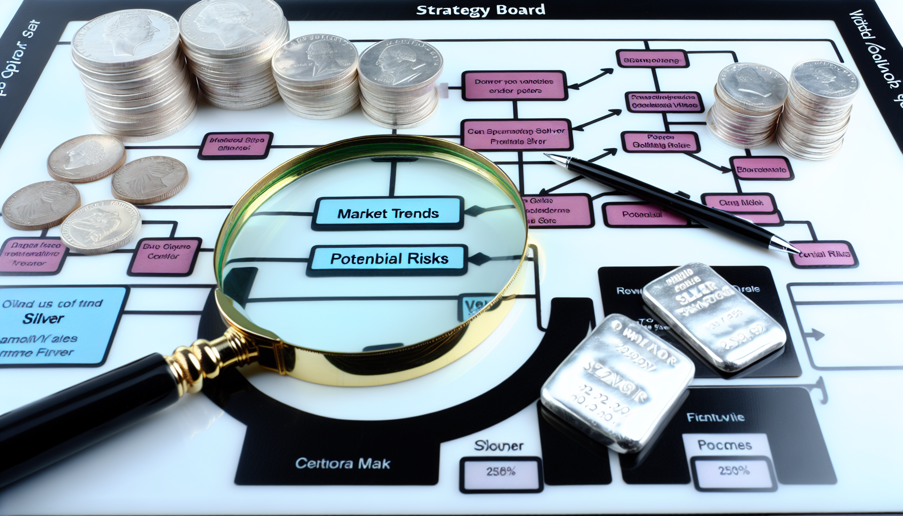 Ein Strategiebrett, auf dem verschiedene Optionen und Richtungen markiert sind und den Prozess des Silberkaufs veranschaulichen. Auf dem Brett befinden sich verschiedene Abschnitte wie Markttrends, Preisgestaltung, potenzielle Anbieter und finanzielle Risiken. An den Seiten sind Silberm&Atilde;&frac14;nzen und -barren ausgestellt, jeweils in unterschiedlichen Gr&Atilde;&para;&Atilde;Ÿen und Reinheitsgraden. Au&Atilde;Ÿerdem liegt eine Lupe auf dem Brett, die die sorgf&Atilde;&curren;ltige Pr&Atilde;&frac14;fung symbolisiert, die f&Atilde;&frac14;r diesen Prozess erforderlich ist.