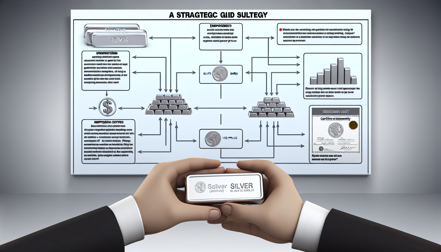 Ein strategischer Leitfaden zum Kauf von Silber. Das Bild enth&Atilde;&curren;lt eine visuelle Darstellung einer schrittweisen Strategie zum Erwerb von Silber auf dem Finanzmarkt. Dazu geh&Atilde;&para;rt das Verst&Atilde;&curren;ndnis von Preistrends, wirtschaftlichen Szenarien, die den Silberpreis beeinflussen, und der richtige Zeitpunkt f&Atilde;&frac14;r eine Investition. Die Strategie ist zur Verdeutlichung als Flussdiagramm oder Mindmap dargestellt. Au&Atilde;Ÿerdem h&Atilde;&curren;lt ein Paar H&Atilde;&curren;nde Silberbarren mit Echtheitszertifikaten. Alles sollte realistisch dargestellt werden und die Ernsthaftigkeit der Finanzinvestition widerspiegeln.
