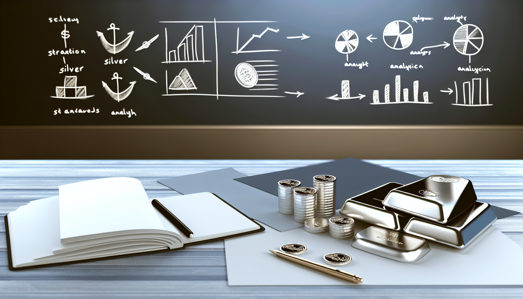 Eine Illustration, die den Prozess des Silberkaufs als Teil einer wohl&Atilde;&frac14;berlegten Strategie zeigt. Die Szene zeigt einen Tisch, auf dem mehrere Silberbarren und M&Atilde;&frac14;nzen verteilt liegen. Daneben liegt ein aufgeschlagenes Notizbuch mit niedergeschriebenen strategischen Pl&Atilde;&curren;nen und ein Stift. Im Hintergrund befindet sich eine schwarze Tafel mit eingezeichneten Analysecharts und Diagrammen, die die strategischen &Atilde;œberlegungen hinter dem Silberkauf darstellen. Das alles spielt sich in einem sanft beleuchteten Raum ab, vielleicht einem Arbeitszimmer oder B&Atilde;&frac14;ro, und f&Atilde;&curren;ngt die ernste Stimmung der Szene ein.