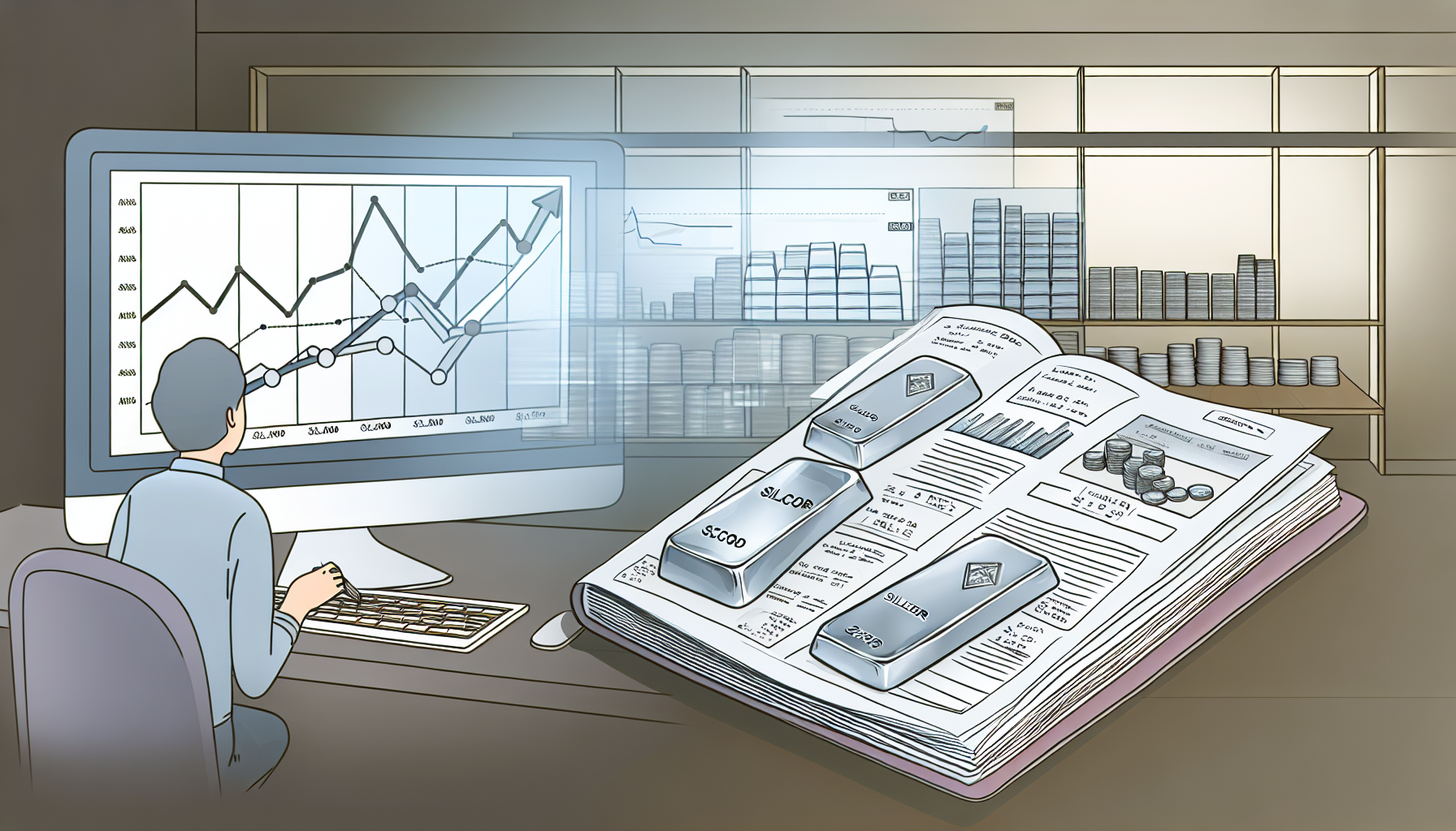Eine detaillierte Szene, die den klugen Kauf von Silber veranschaulicht. Auf dem Computerbildschirm sind Diagramme zu sehen, die den zukünftigen Silberpreis prognostizieren. Neben dem Computer liegt ein Notizbuch, gefüllt mit ausgefeilten Strategien und Notizen darüber, wann man kaufen sollte. Eine Person sitzt an einem Schreibtisch, liest diese Notizen und blickt auf den Bildschirm, ihr Gesicht von Entschlossenheit erleuchtet. Im Hintergrund sind Silberbarren ordentlich gestapelt, die das weiche Licht des Raumes reflektieren.
