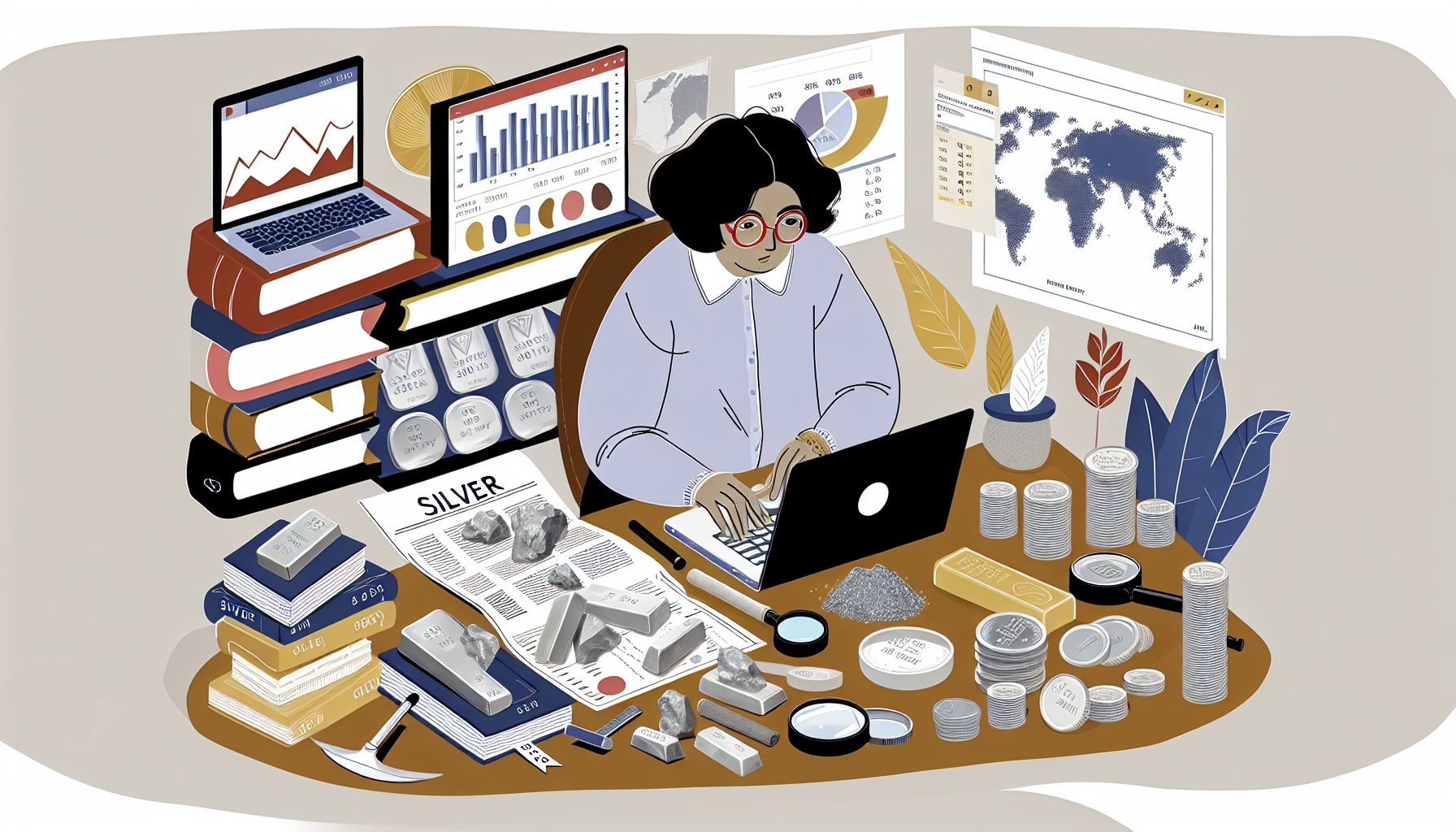 Eine Illustration einer Person s&Atilde;&frac14;dasiatischer Herkunft, die der strategisch ausgerichteten T&Atilde;&curren;tigkeit des Silberkaufs nachgeht. Sie ist konzentriert und umgeben von verschiedenen Silberformen wie Barren, M&Atilde;&frac14;nzen und rohem Erz sowie von Werkzeugen zur Analyse des Silbers, etwa einer Lupe und Reinheitstests. Das Motiv zeigt au&Atilde;Ÿerdem einen Tisch mit einer gro&Atilde;Ÿen Karte, mehreren B&Atilde;&frac14;chern &Atilde;&frac14;ber die Geschichte und den Wert des Silbers und Marktentwicklungen, die auf dem Bildschirm eines Laptops angezeigt werden. Die Szenerie k&Atilde;&para;nnte das Homeoffice der Person sein. Die Farbgestaltung nutzt Graut&Atilde;&para;ne f&Atilde;&frac14;r das Silber und warme T&Atilde;&para;ne f&Atilde;&frac14;r den Raum.
