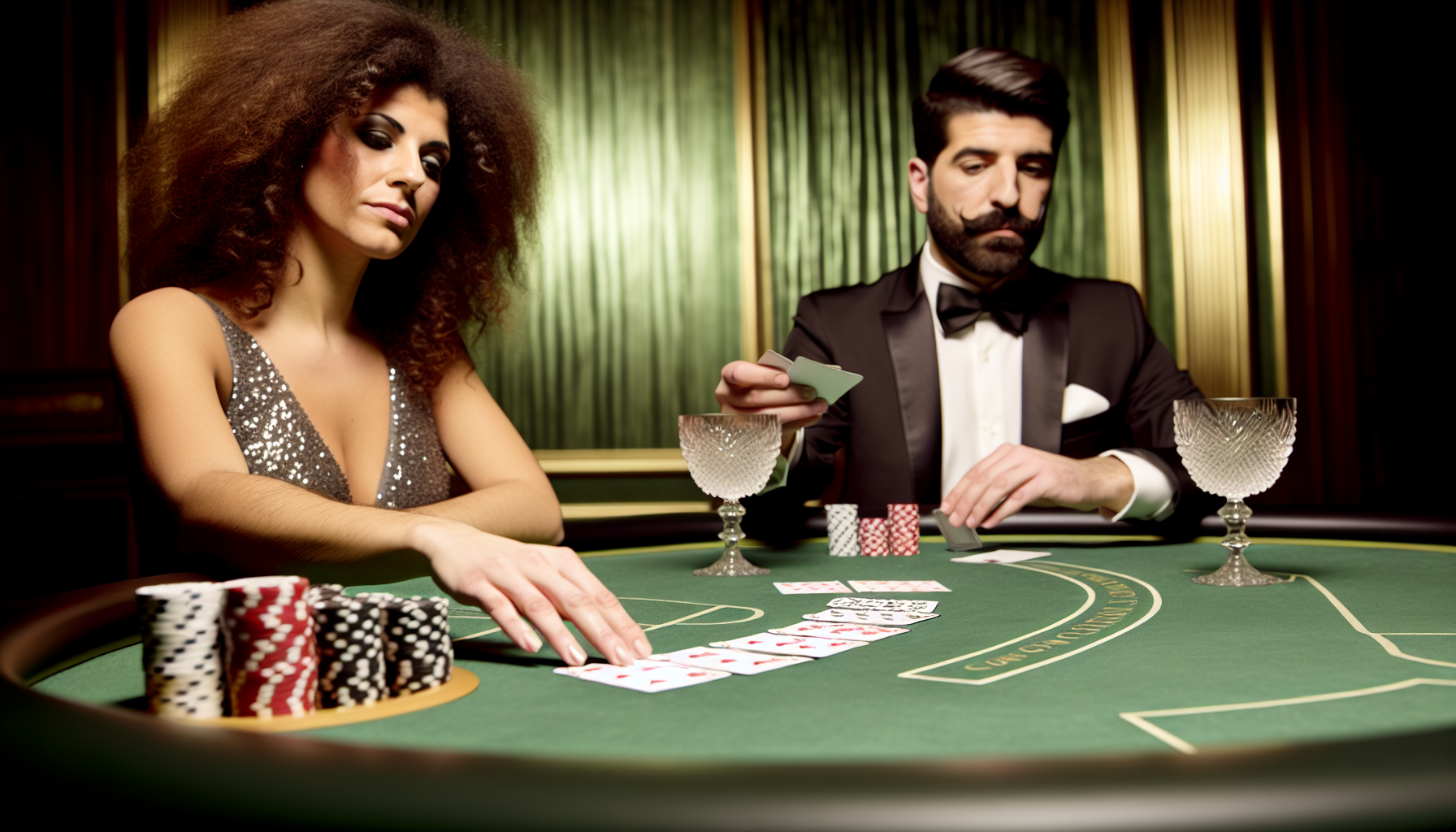 Eine Szene, die sich um das Spiel Baccarat dreht. Der glatte, grÃ¼ne Filz des Tisches steht im Kontrast zu einem klaren Kristallglas, in dem die EinsÃ¤tze liegen. Zwei Spieler sind platziert: eine Frau aus dem Nahen Osten mit lockigem Haar, die ein glitzerndes Abendkleid trÃ¤gt, und ein weiÃŸer Mann mit gepflegtem Bart, gekleidet in einem eleganten Smoking. Beide richten ihre ganze Aufmerksamkeit auf die auf dem Tisch ausliegenden Karten. Im Hintergrund schimmert weiches Umgebungslicht, das sich in der polierten HolzvertÃ¤felung des Casinoraums spiegelt und die luxuriÃ¶se, exklusive AtmosphÃ¤re noch betont.