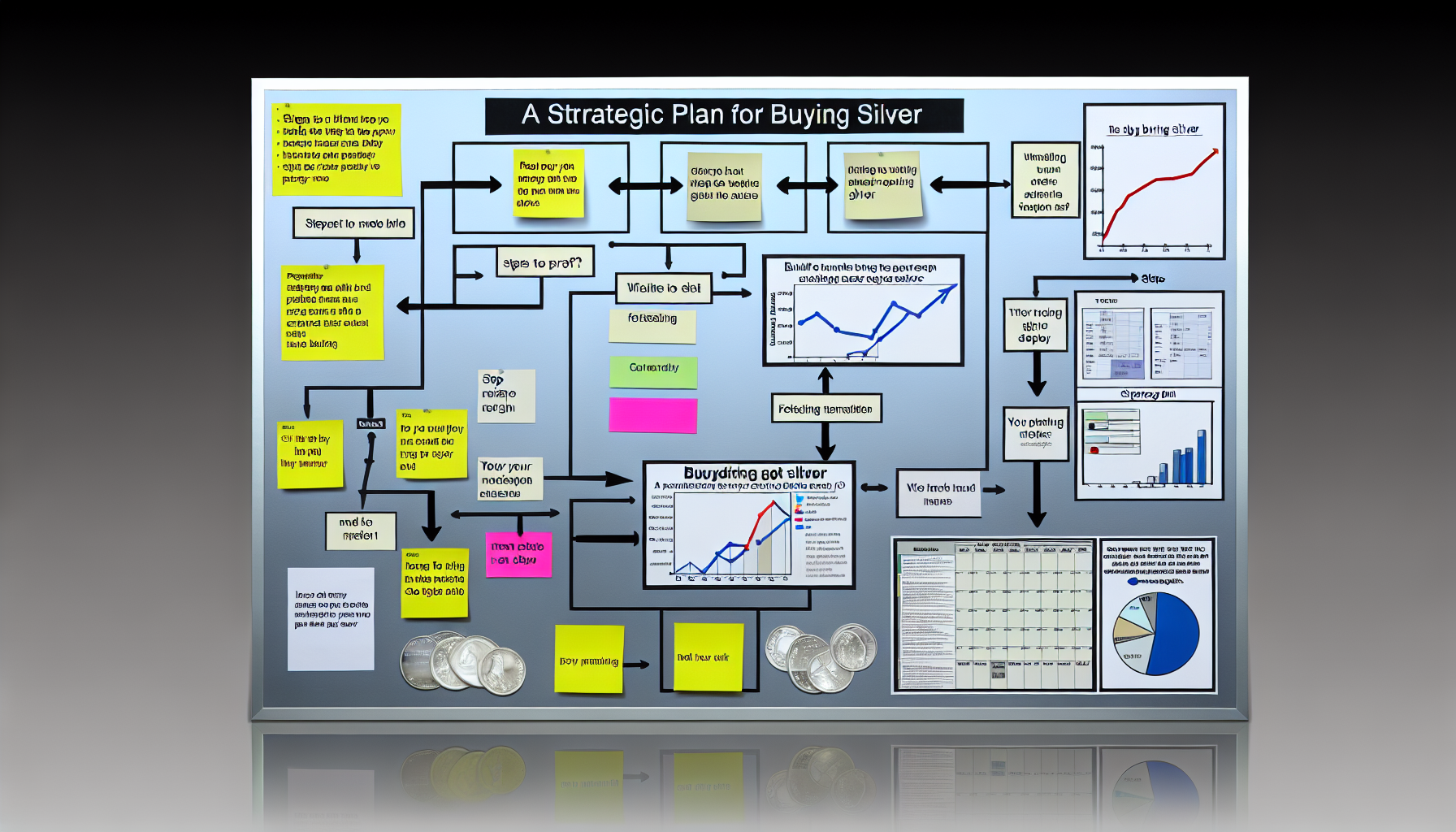 Eine visuelle Darstellung eines Strategieplans zum Kauf von Silber. Das Bild zeigt ein detailliertes und organisiertes Strategie-Board, komplett mit visuellen Hilfsmitteln wie Diagrammen, Infografiken und Flussdiagrammen. Das Strategie-Board stellt logisch aufeinanderfolgende Schritte dar und visualisiert potenzielle Markttrends sowie Prognosemethoden. Es sollte auf ein Verst&Atilde;&curren;ndnis f&Atilde;&frac14;r den Wert und die Preisentwicklung von Silber, dessen Schwankungen und m&Atilde;&para;gliche Gewinnstrategien bei solchen Transaktionen hinweisen. Die Fl&Atilde;&curren;che sollte mit Haftnotizen, markierten Kalendern und Trendlinien gef&Atilde;&frac14;llt sein. Der Gesamteindruck soll professionell und seri&Atilde;&para;s, zugleich aber so intuitiv sein, dass auch Laien ihn verstehen k&Atilde;&para;nnen.