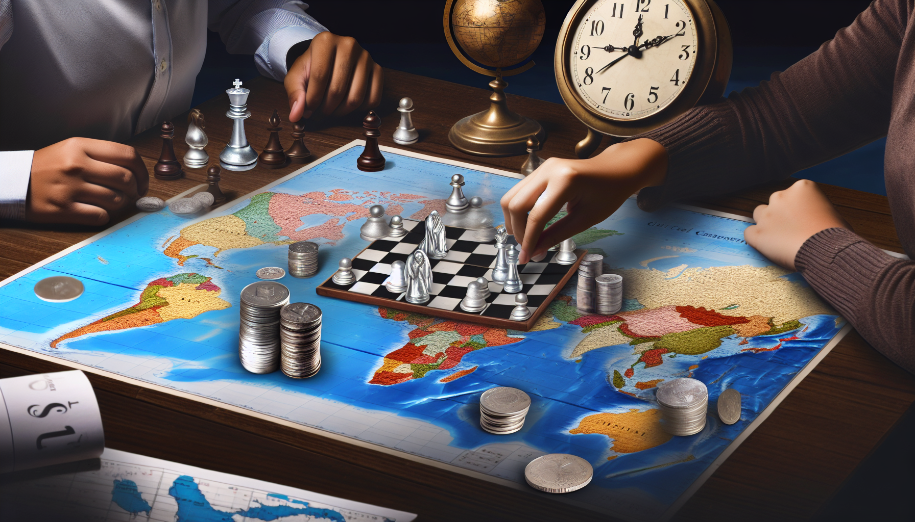 Ein Bild, das das Konzept des strategischen Silberkaufs darstellt. Ein Tisch, bedeckt mit detaillierten Karten und Diagrammen, mit Silberbarren und M&Atilde;&frac14;nzen, die in einer Ecke gestapelt sind. Auf der anderen Seite des Tisches k&Atilde;&para;nnte ein Schachspiel stattfinden, das Strategie symbolisiert. Man sieht die H&Atilde;&curren;nde eines asiatischen Mannes und einer schwarzen Frau, die nachdenklich Schachfiguren bewegen. Der Raum um den Tisch k&Atilde;&para;nnte schwach beleuchtet sein, mit einem antiken Globus und einer tickenden Standuhr im Hintergrund, die globale &Atilde;œberlegungen und Timing als Teil der Strategie andeuten.
