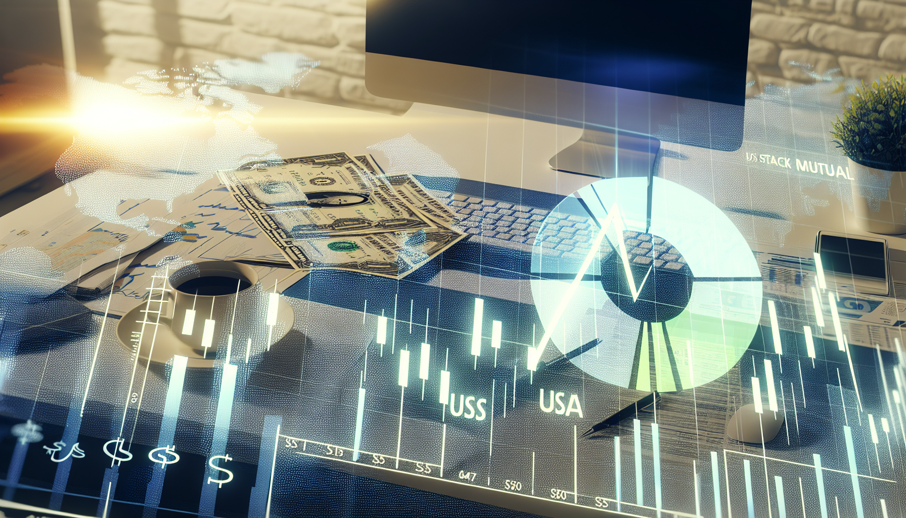 Eine detaillierte Visualisierung von US&acirc;€‘Aktienfonds. Das Bild sollte ein Liniendiagramm enthalten, das die Wertentwicklung des Fonds im Laufe der Jahre darstellt. Zus&Atilde;&curren;tzlich sollten Geldscheinsymbole (Dollar&acirc;€‘Scheine) den finanziellen Aspekt des Fonds kennzeichnen. Es sollte au&Atilde;Ÿerdem ein Kreisdiagramm geben, das die Verteilung der Investitionen auf verschiedene Sektoren zeigt. Die Umgebung sollte anspruchsvoll sein, mit einem polierten Schreibtisch, einem High&acirc;€‘Tech&acirc;€‘Computer und verstreuten Analyseunterlagen. Eine Tasse Kaffee kann auf dem Schreibtisch stehen. Die Szene sollte idealerweise mit angenehmer Umgebungsbeleuchtung ausgeleuchtet sein.