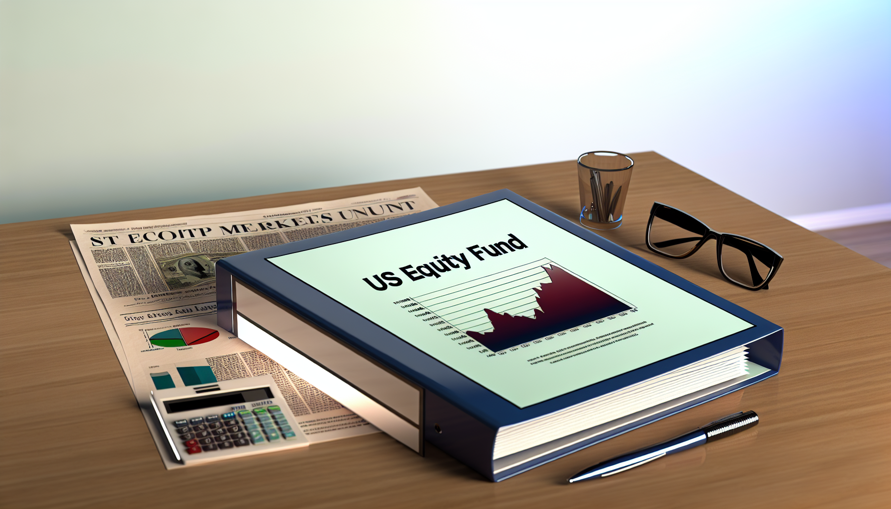 Eine Illustration eines US-Aktienfonds, dargestellt als dicker Berichtsordner mit einer auf dem Einband abgebildeten Grafik, die Wachstum im Zeitverlauf zeigt, und auf einem sauberen Schreibtisch aus Holz platziert. Der Titel „US Equity Fund“ ist prominent auf dem Ordner zu sehen. Um den Ordner herum befinden sich außerdem typische Utensilien der Finanzanalyse wie ein Taschenrechner, ein Stift, eine Brille und finanzbezogene Zeitungsartikel. Das gesamte Arrangement ist gut ausgeleuchtet und vermittelt eine professionelle Atmosphäre.