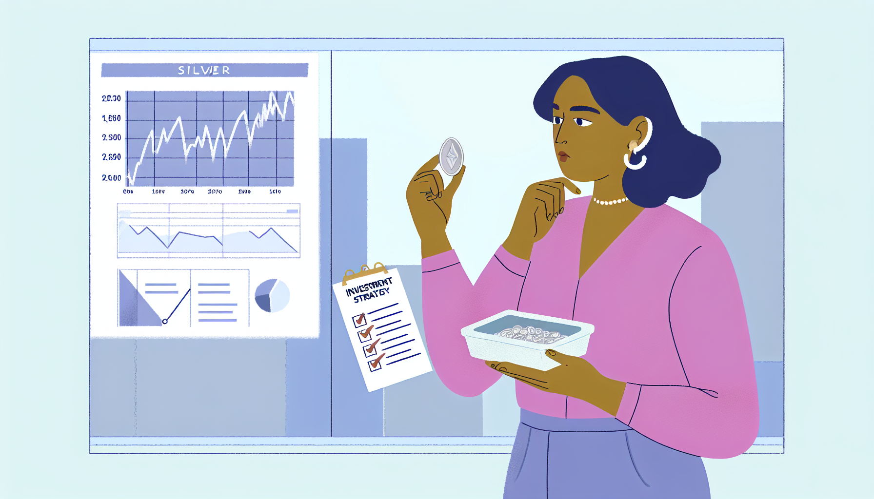 Eine Illustration einer Person, die wohl&Atilde;&frac14;berlegt in Silber investiert. Die Person steht vor einem gro&Atilde;Ÿen Diagramm, das den Silberpreis im Zeitverlauf darstellt, und h&Atilde;&curren;lt in der einen Hand ein St&Atilde;&frac14;ck Silber und in der anderen eine Checkliste mit dem Titel &acirc;€žAnlagestrategie&acirc;€œ. Sie ist s&Atilde;&frac14;dasiatischer Abstammung und nicht-bin&Atilde;&curren;r. Ihr Gesichtsausdruck ist konzentriert und strategisch und zeigt ihre Ernsthaftigkeit gegen&Atilde;&frac14;ber dem Investment. Die Umgebung ist ein modernes B&Atilde;&frac14;ro mit einem gro&Atilde;Ÿen Fenster, hinter dem eine gesch&Atilde;&curren;ftige Stadtsilhouette zu sehen ist.