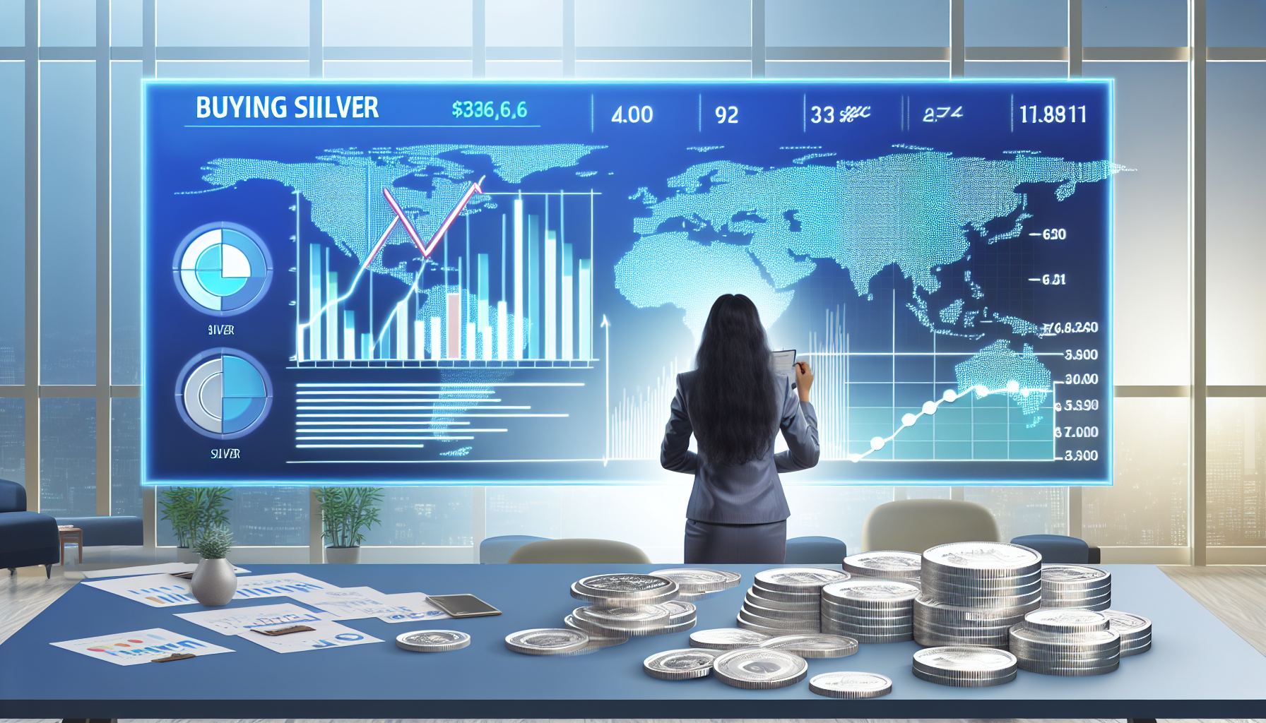 Eine visuelle Darstellung des Konzepts, Silber mit einer Strategie zu kaufen. Eine Person studiert Finanzdaten-Charts auf einem groÃŸen Bildschirm. Sie hat Anmerkungen, Trendlinien und Diagramme, die sich auf den Silbermarkt beziehen. Verschiedene SilbermÃ¼nzen und -barren liegen auf einem nahegelegenen Tisch. Der Raum weist ein modernes Corporate-Design auf und vermittelt eine professionelle Arbeitsumgebung. Im Hintergrund sind ein Globus, eine Uhr und Pflanzen zu sehen. Die Person ist weiblich und von sÃ¼dasiatischer Abstammung.