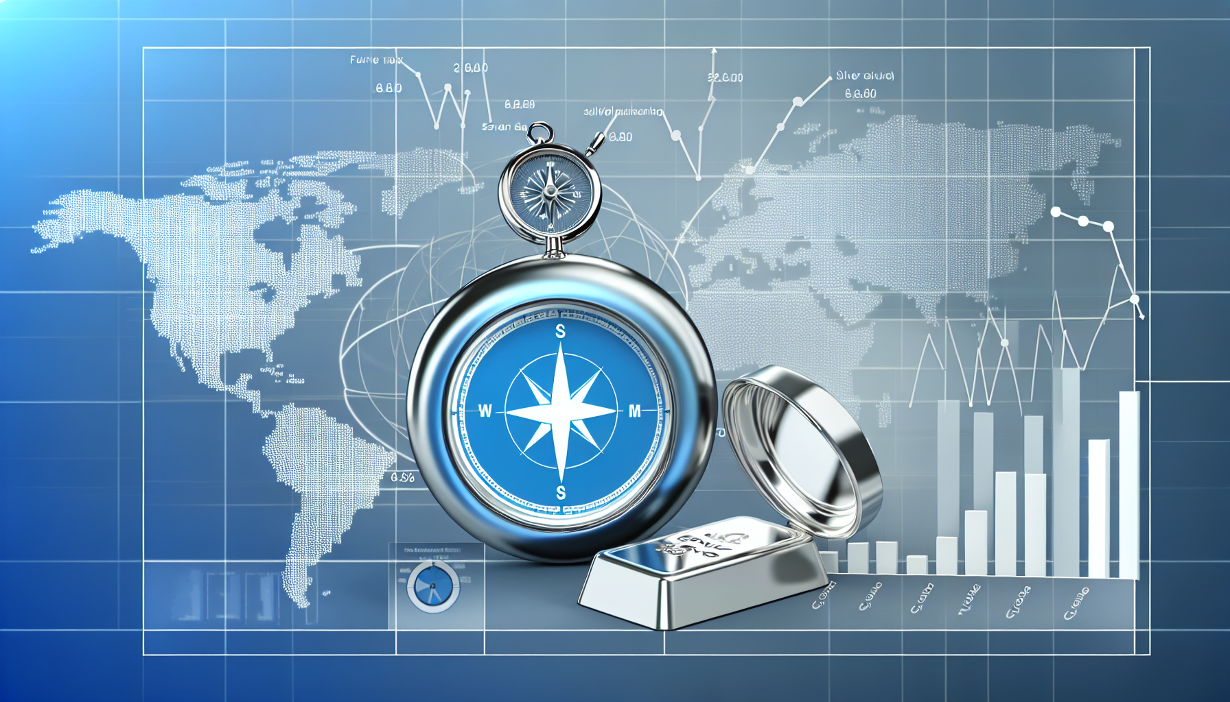 Eine Darstellung eines strategischen Prozesses zum Kauf von Silber. Das Bild k&Atilde;&para;nnte Elemente enthalten, z. B. einen Silberbarren, eine Waage zur Darstellung von Fairness im Handel, einen Kompass als Symbol f&Atilde;&frac14;r Strategie und Planung, Diagramme, die Trends am Silbermarkt zeigen, und eine Karte, die den globalen Silberhandel symbolisiert.