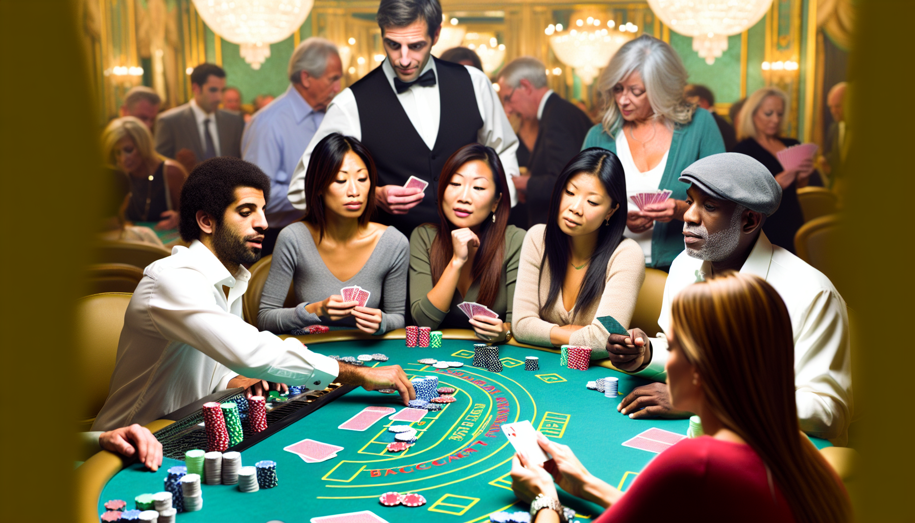 Eine elegante und lebhafte Szene am Baccarat-Tisch. Menschen unterschiedlicher Herkunft &acirc;€” etwa wei&Atilde;Ÿer, hispanischer, schwarzer, nah&Atilde;&para;stlicher und s&Atilde;&frac14;dasianischer Herkunft &acirc;€” nehmen mit intensiver Konzentration am Spiel teil. Die Atmosph&Atilde;&curren;re ist erf&Atilde;&frac14;llt vom Klirren der Jetons, dem Rascheln der Karten und ged&Atilde;&curren;mpften Strategiegespr&Atilde;&curren;chen. Der Tisch ist mit gr&Atilde;&frac14;nem Filz bezogen, &Atilde;&frac14;bers&Atilde;&curren;t mit Stapeln bunt gef&Atilde;&curren;rbter Jetons und einem ausgelegten Satz Baccarat-Karten. Eine asiatische Frau steht kurz davor, ihren Einsatz zu platzieren, w&Atilde;&curren;hrend ein wei&Atilde;Ÿer Mann seine Karten mit nerv&Atilde;&para;ser Erwartung mustert. Der Hintergrund ist sanft beleuchtet von prunkvollen Kronleuchtern, die die luxuri&Atilde;&para;se Atmosph&Atilde;&curren;re unterstreichen.