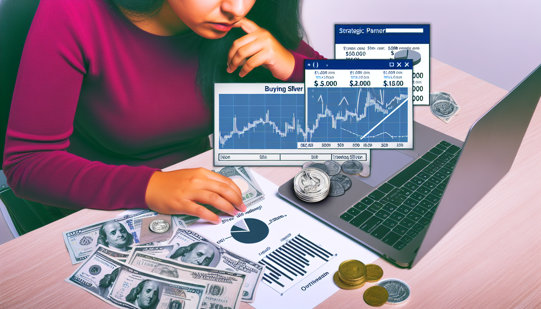 Ein Bild, das den Prozess des strategischen Silberkaufs zeigt. Eine hispanische Frau, die konzentriert ein Diagramm studiert, das die Silberpreise im Zeitverlauf darstellt. Auf dem Tisch vor ihr liegt verteilt Bargeld, m&Atilde;&para;glicherweise aus mehreren L&Atilde;&curren;ndern. Ein Laptop ist vorhanden; auf dessen Bildschirm ist ein Browser ge&Atilde;&para;ffnet, der eine auf Metalle spezialisierte Handelsseite zeigt. Die Gesamtstimmung sollte strategische Planung vermitteln, mit Notizen, Skizzen/Diagrammen und einer hervorgehobenen Trendlinie im Chart.