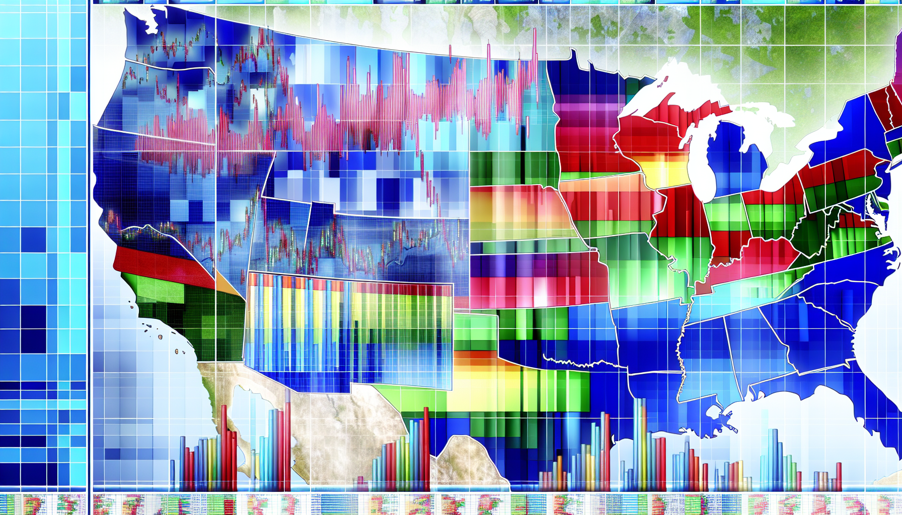 Eine detaillierte und kunstvoll ausgearbeitete Illustration eines Panels, das die Schwankungen, Statistiken und Daten von US-Aktienfonds zeigt, dargestellt als lebhafte Balkendiagramme, Kreisdiagramme und Liniendiagramme, die Ã¼ber einer Karte der USA Ã¼berlagert sind. Die Farben der Diagramme sollten eine Mischung aus Blau, GrÃ¼n, Rot und Gelb sein. Jeder Bundesstaat sollte mit dem dort beliebtesten Fonds beschriftet sein.